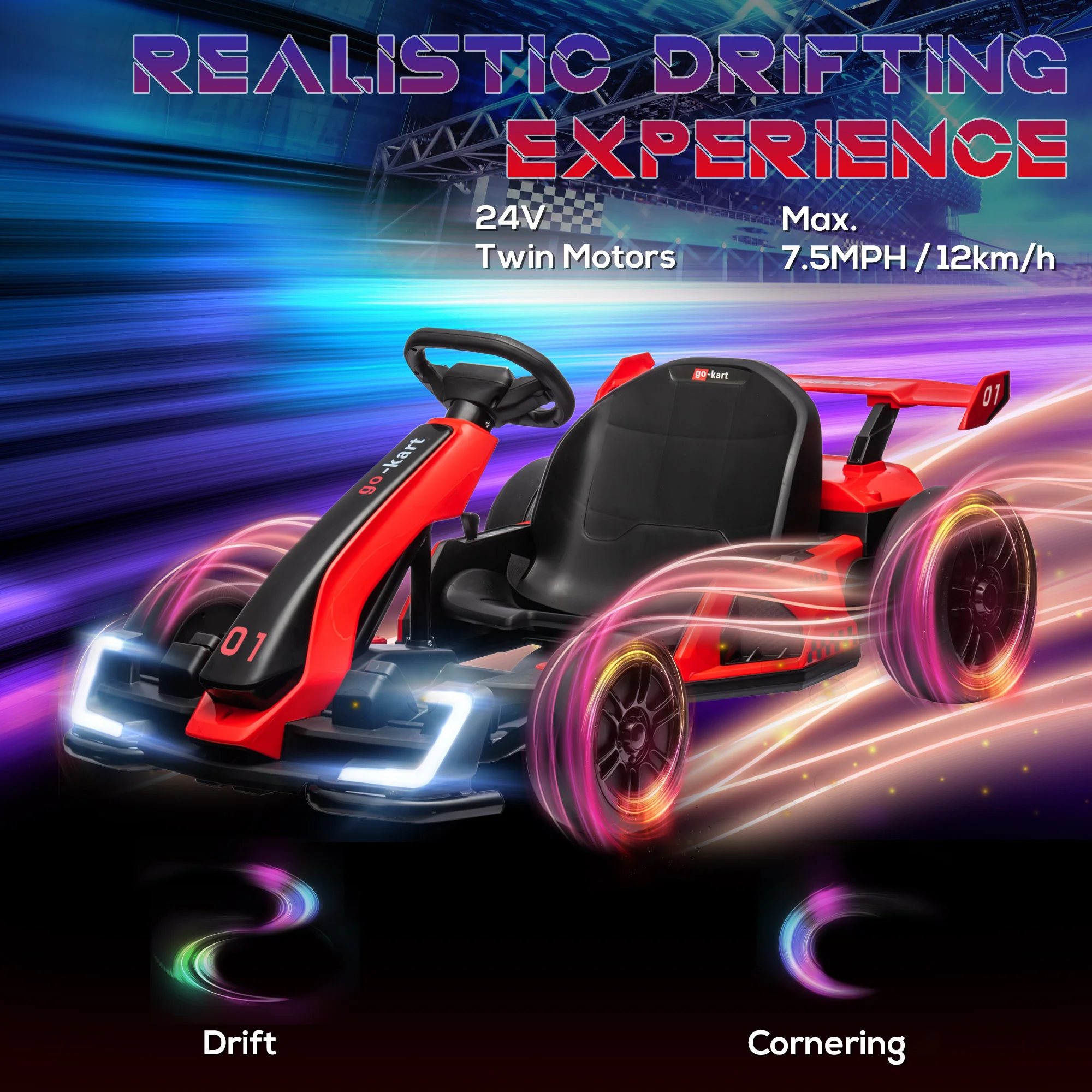 Adjustable Seat Electric Go Kart with Slow Start - 24V, 7.5 MPH - Image 17