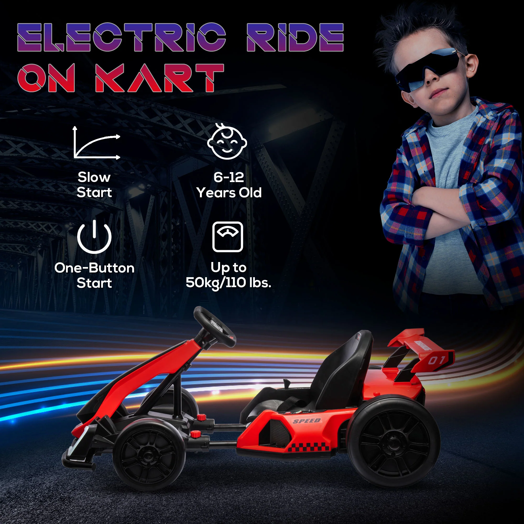 Adjustable Seat Electric Go Kart with Slow Start - 24V, 7.5 MPH - Image 20