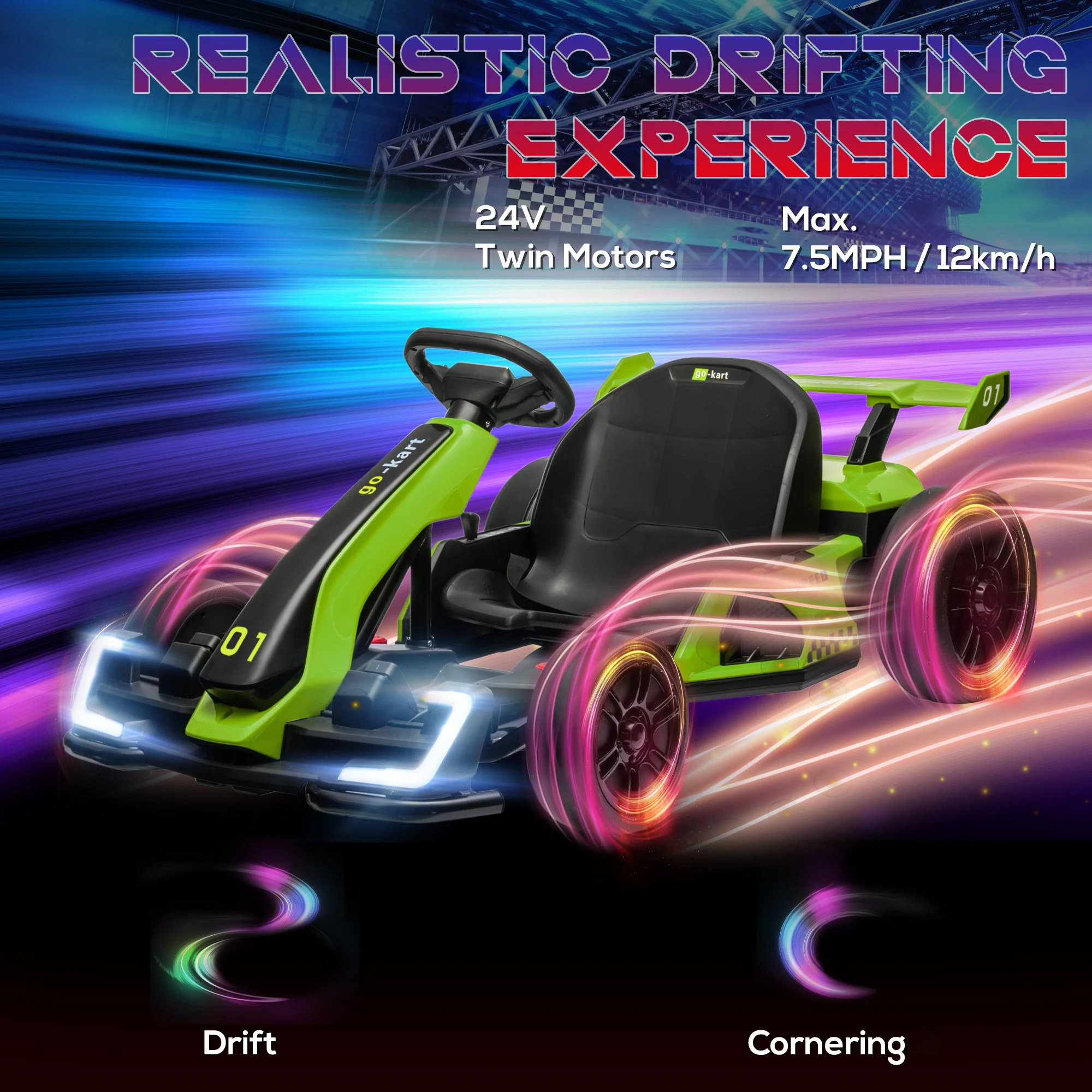 Adjustable Seat Electric Go Kart with Slow Start - 24V, 7.5 MPH - Image 28