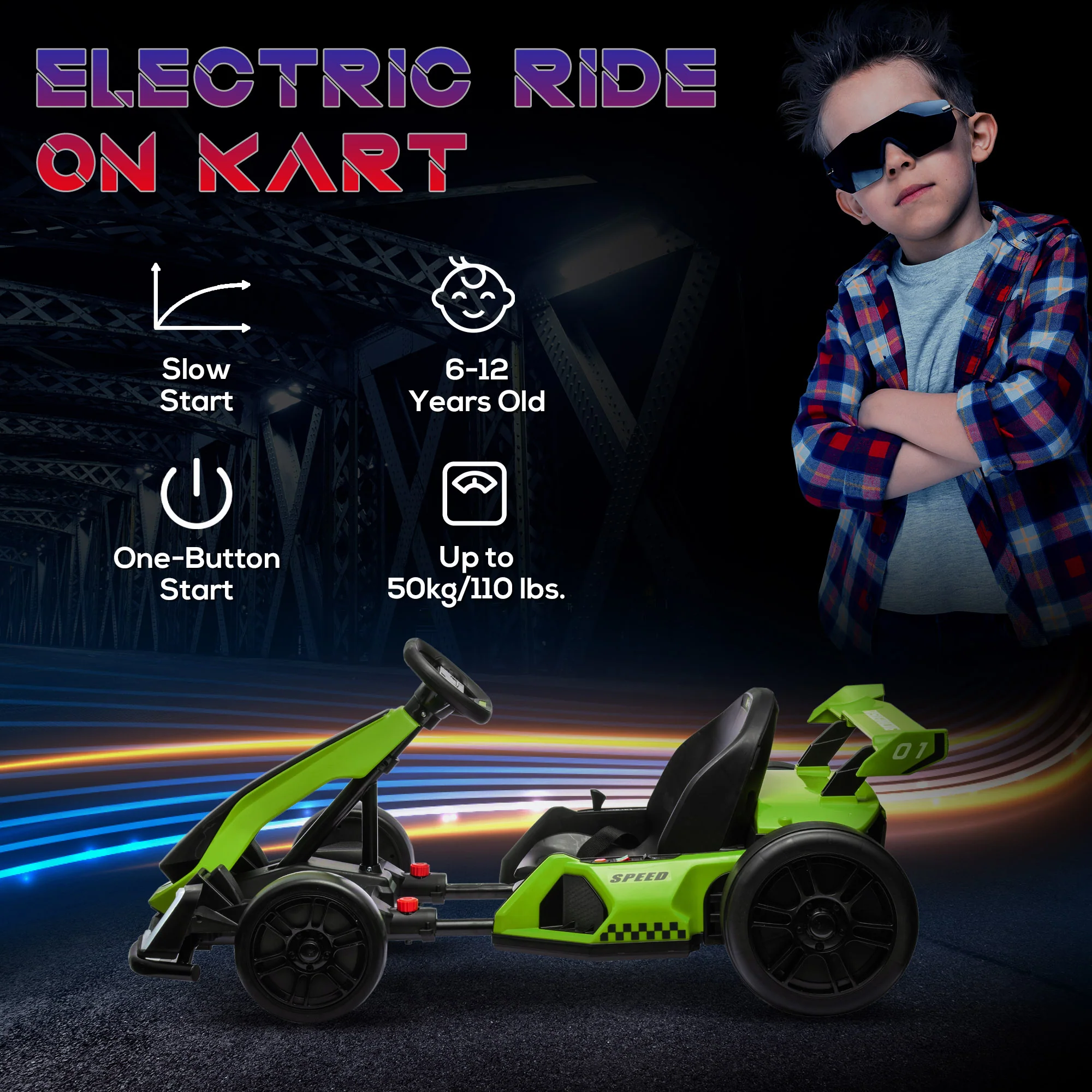 Adjustable Seat Electric Go Kart with Slow Start - 24V, 7.5 MPH - Image 31