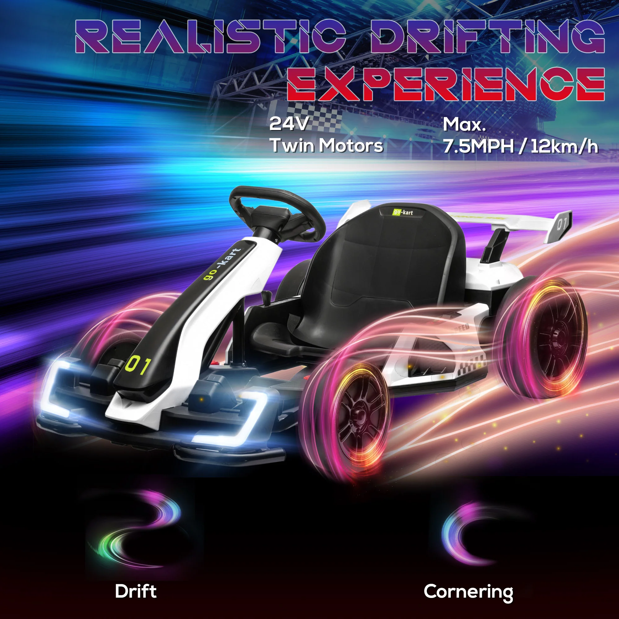 Adjustable Seat Electric Go Kart with Slow Start - 24V, 7.5 MPH - Image 6
