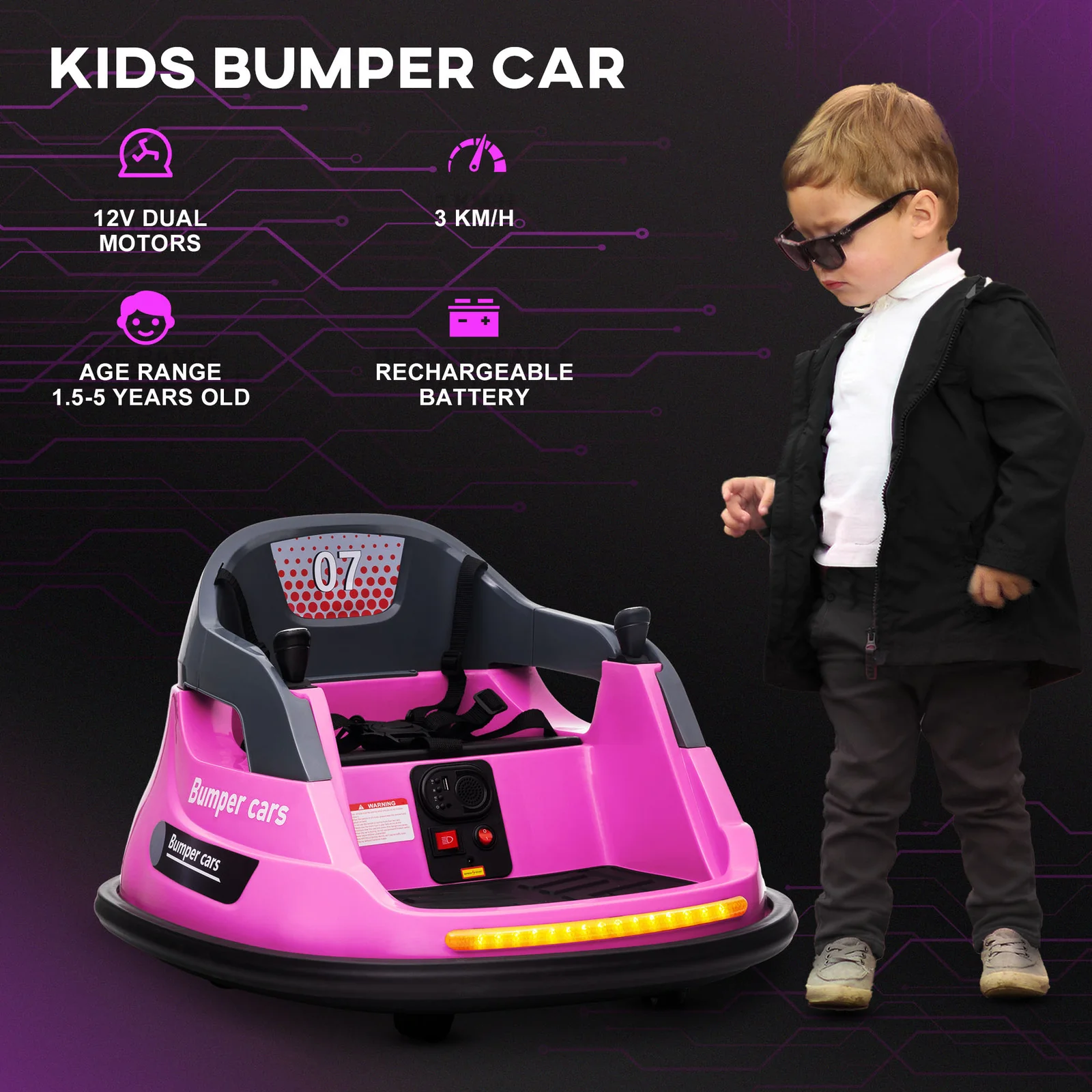 12V Kids Bumper Car with 360° Rotation and Safety Belt Pink - Image 10