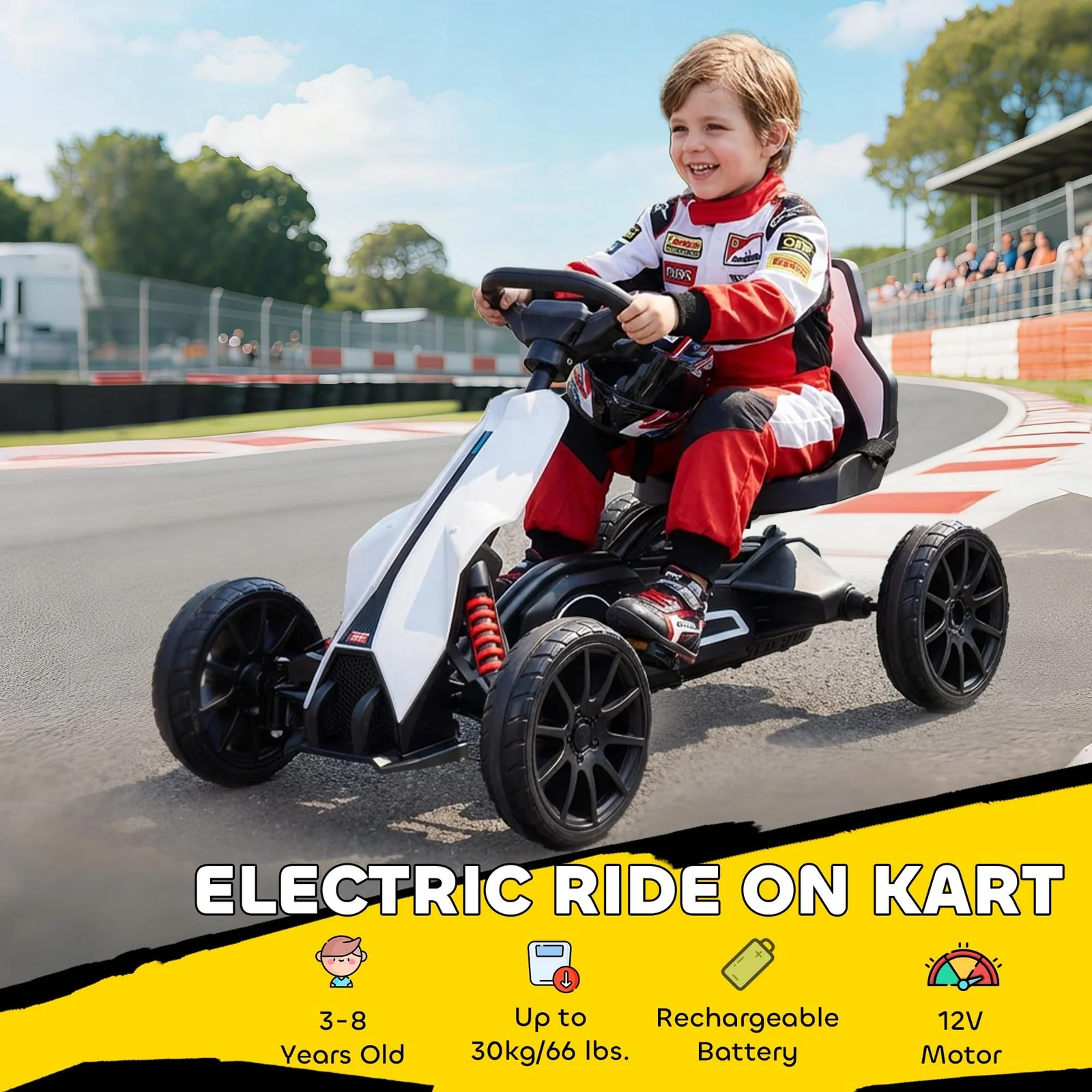 12V Electric Kids Go Kart - White Outdoor Ride-On Toy with Large Design - Image 3