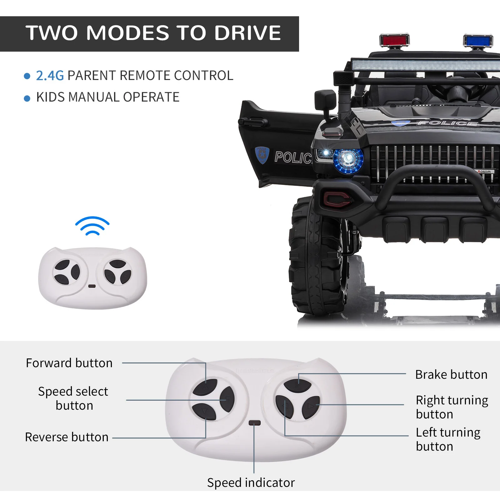53" Large 2-Seater 12V Police Ride-On Truck with Remote Control - Image 7