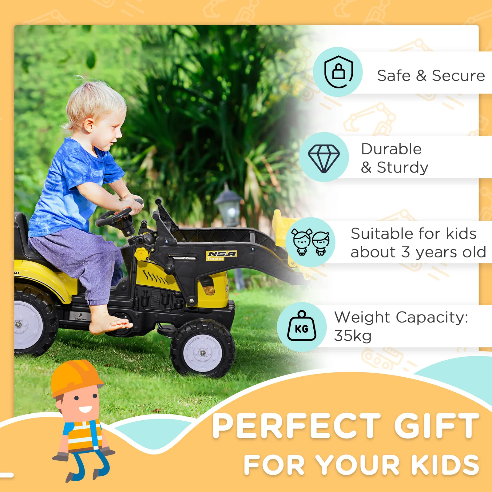 Kids Manual Pedal Ride-On Excavator with Front Loader and Digger Attachment - Image 4