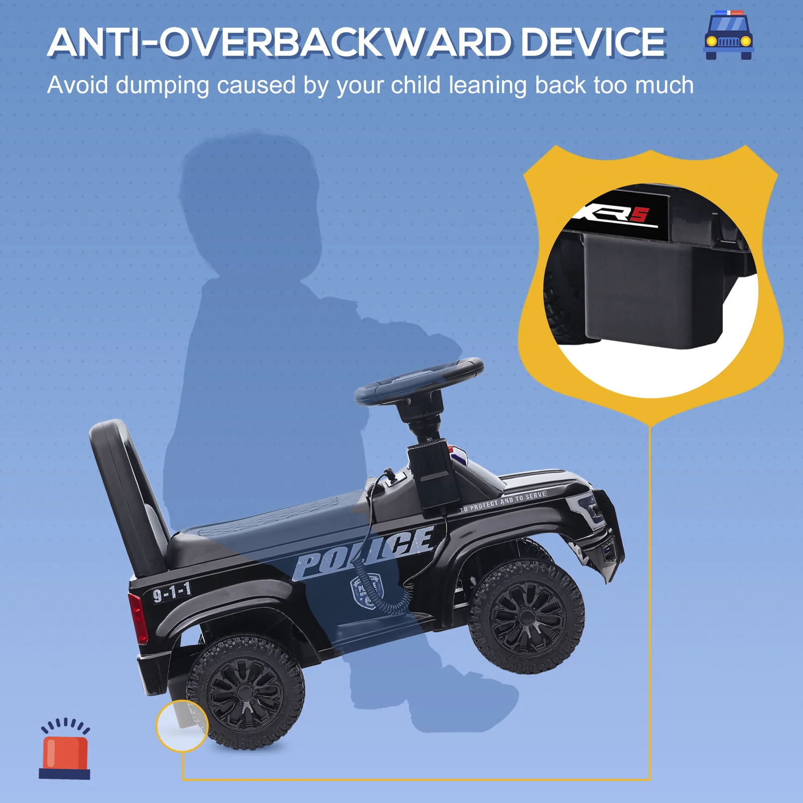 Kids Push Ride-On Police Truck with Working PA System and Horn - Image 4