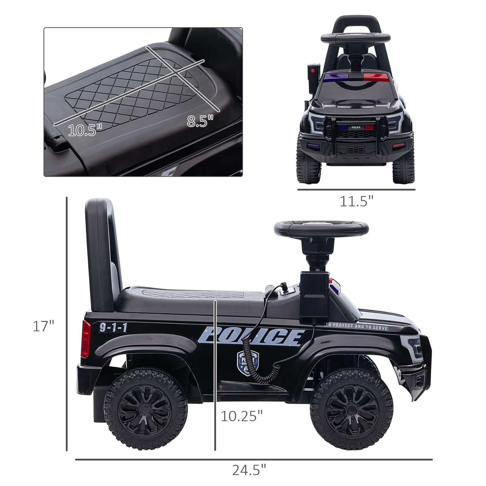 Kids Push Ride-On Police Truck with Working PA System and Horn - Image 7