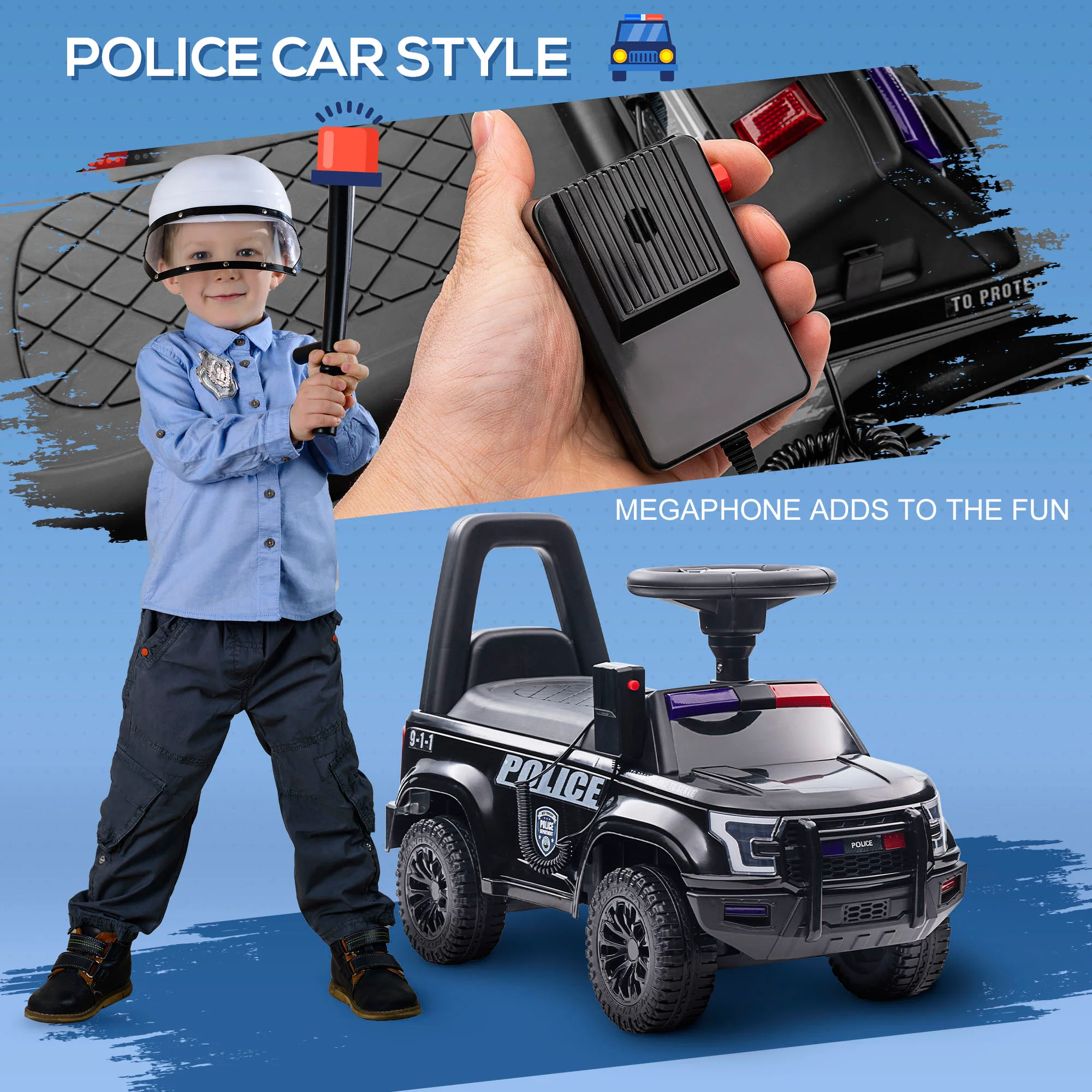 Kids Police Ride-On Sliding Car with Storage Seat and Megaphone - Image 17