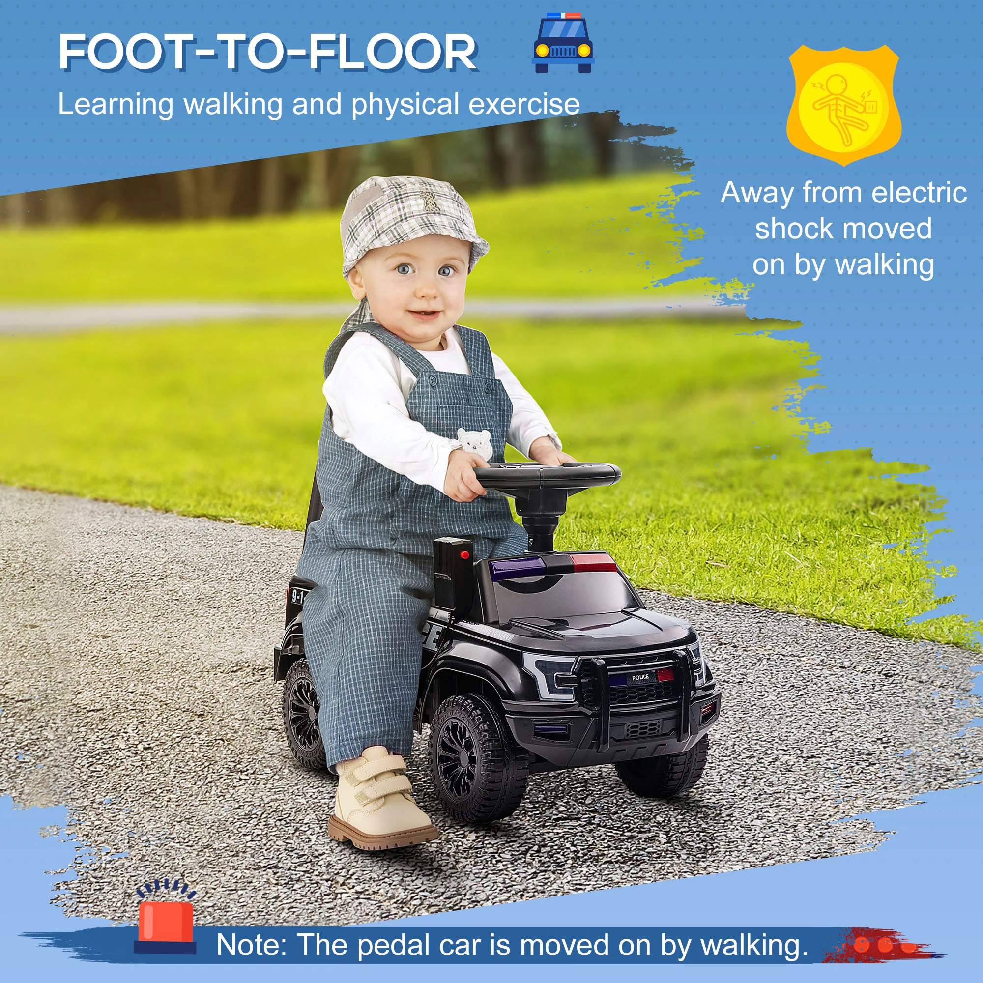 Kids Police Ride-On Sliding Car with Storage Seat and Megaphone - Image 18