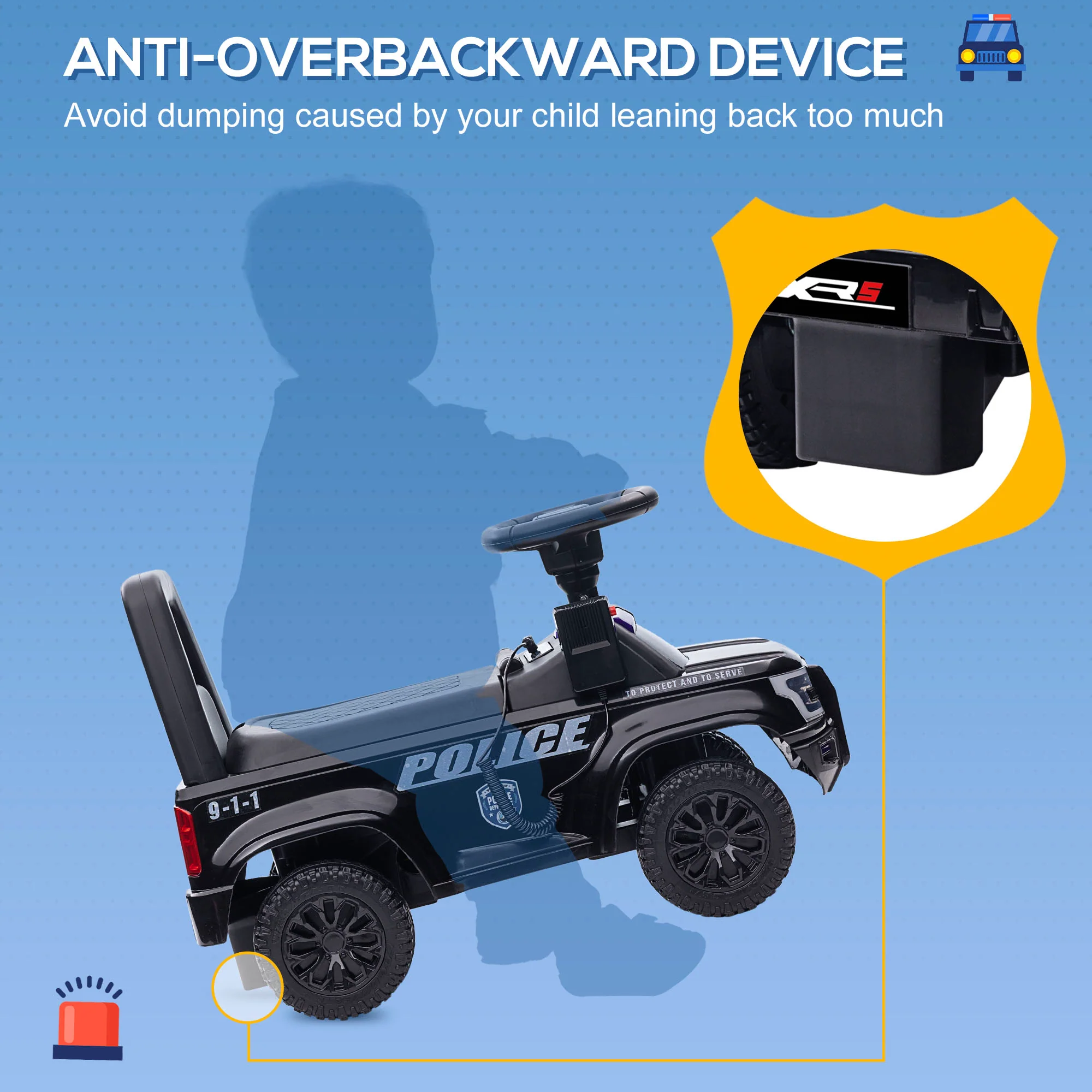 Kids Police Ride-On Sliding Car with Storage Seat and Megaphone - Image 19