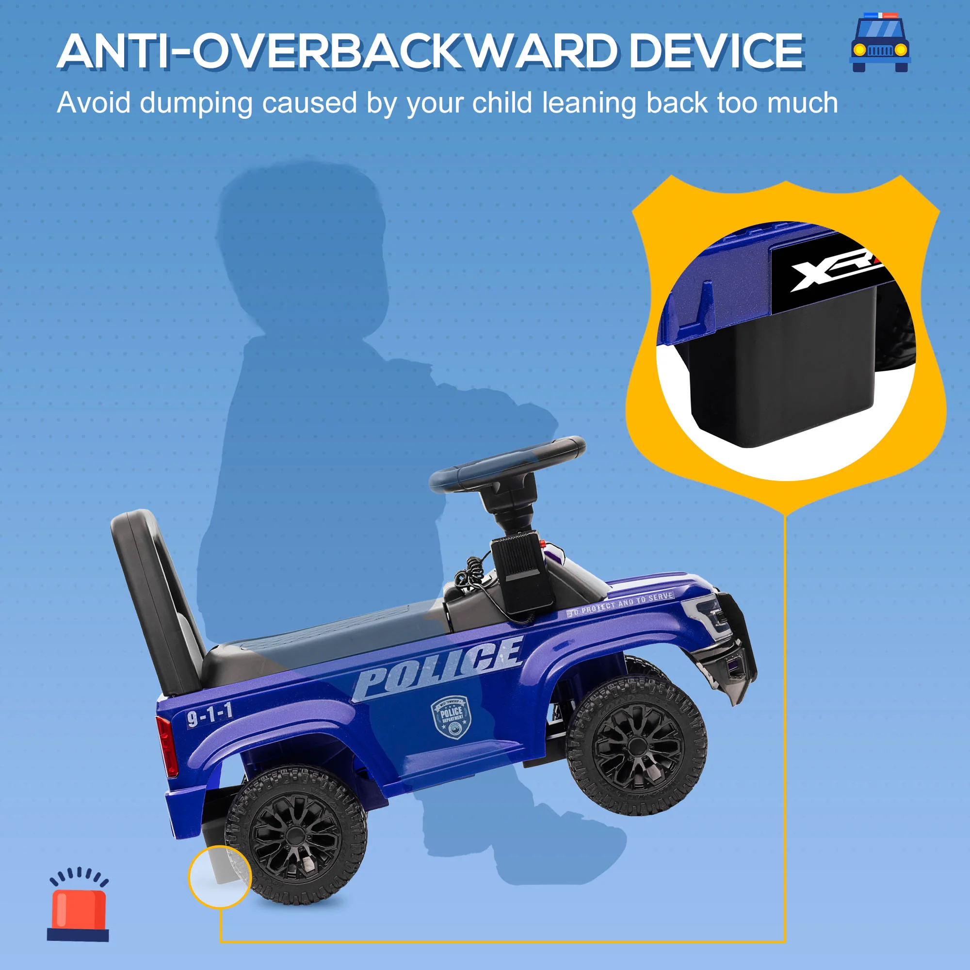 Kids Police Ride-On Sliding Car with Storage Seat and Megaphone - Image 7