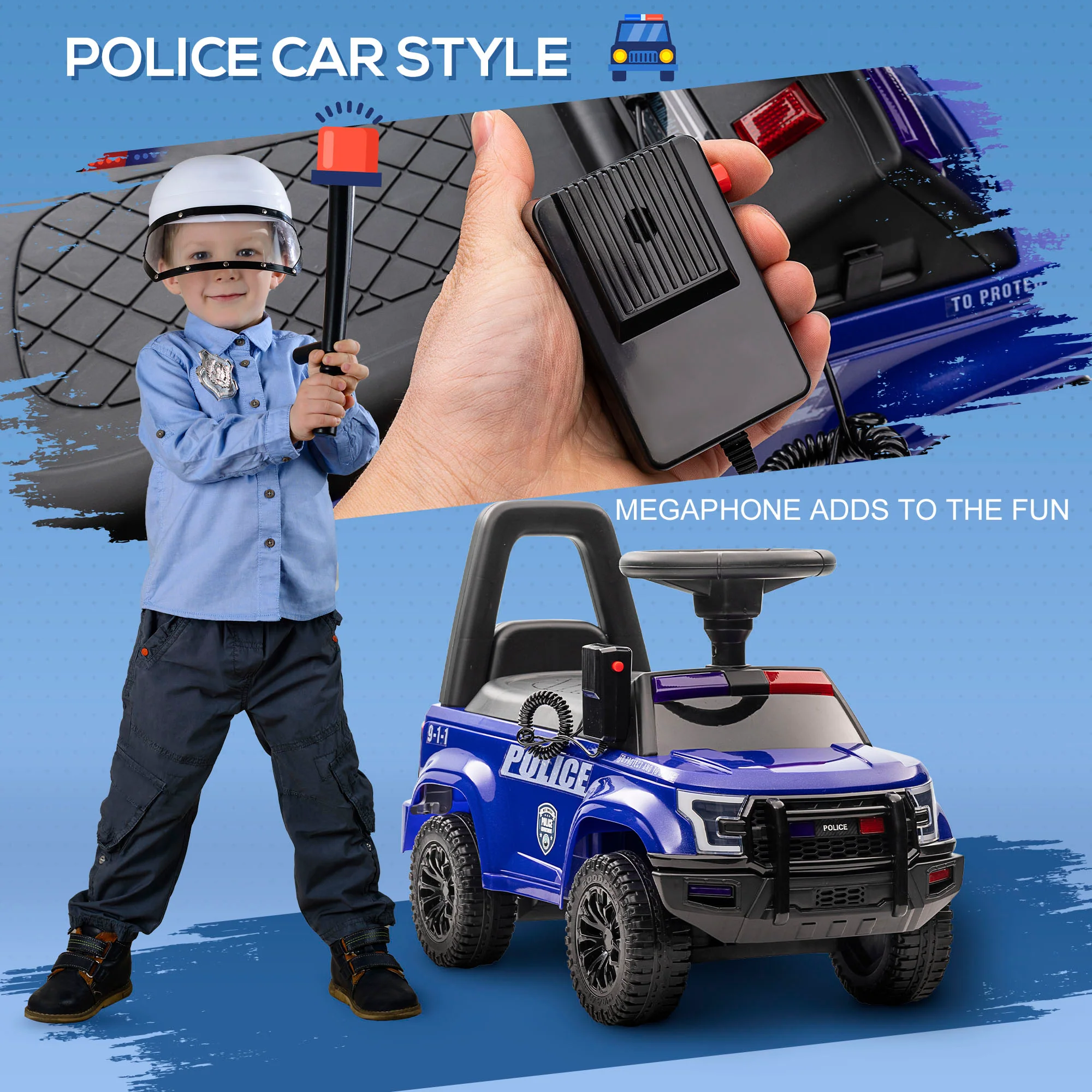 Kids Police Ride-On Sliding Car with Storage Seat and Megaphone - Image 5