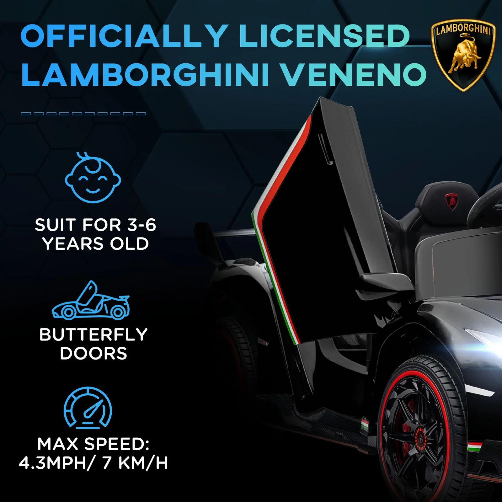 Licensed Lamborghini Veneno Kids 12V Electric Ride-On Car with Bluetooth - Image 6