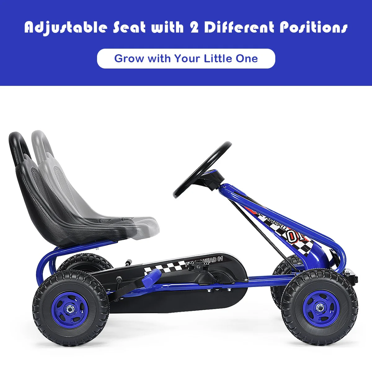 Kids Pedal Go Kart with Adjustable Seat and Handbrake 4-Wheel Ride-On Toy Blue - Image 8