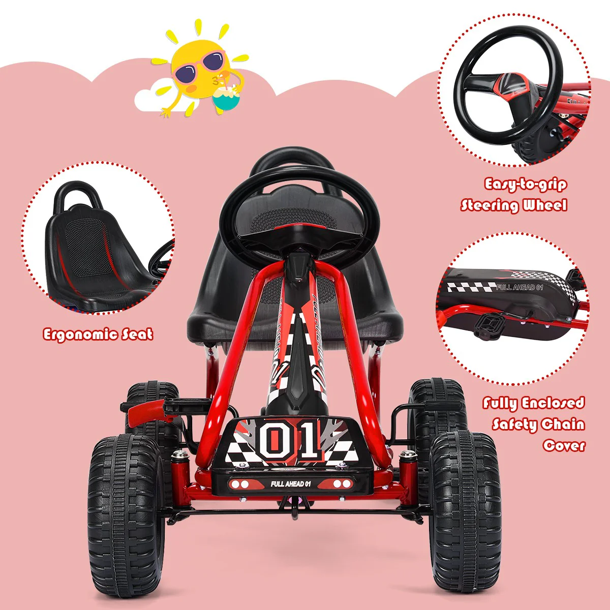Kids Pedal Go-Kart with 4 Wheels, Adjustable Seat, Handbrake – Red Ride-On Toy - Image 6