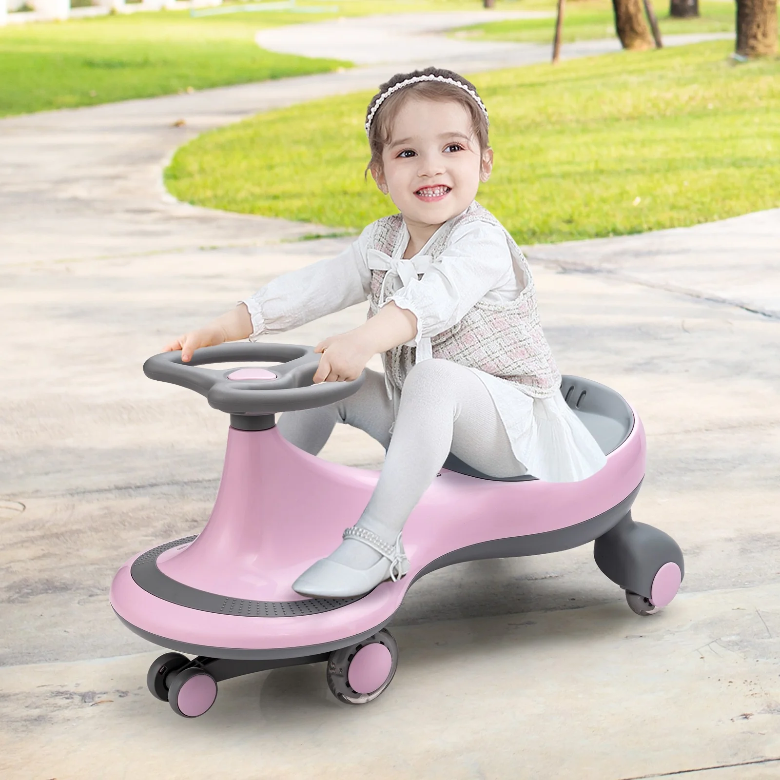 Wiggle Car Ride-On Toy with Flashing Wheels for Toddlers and Kids in Pink - Image 7