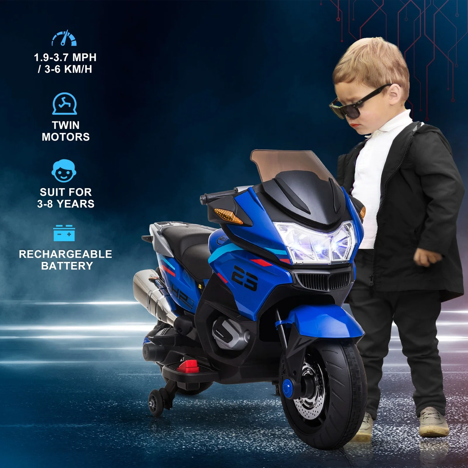 Battery-Operated Kids Ride-On Motorbike with Training Wheels Blue - Image 10