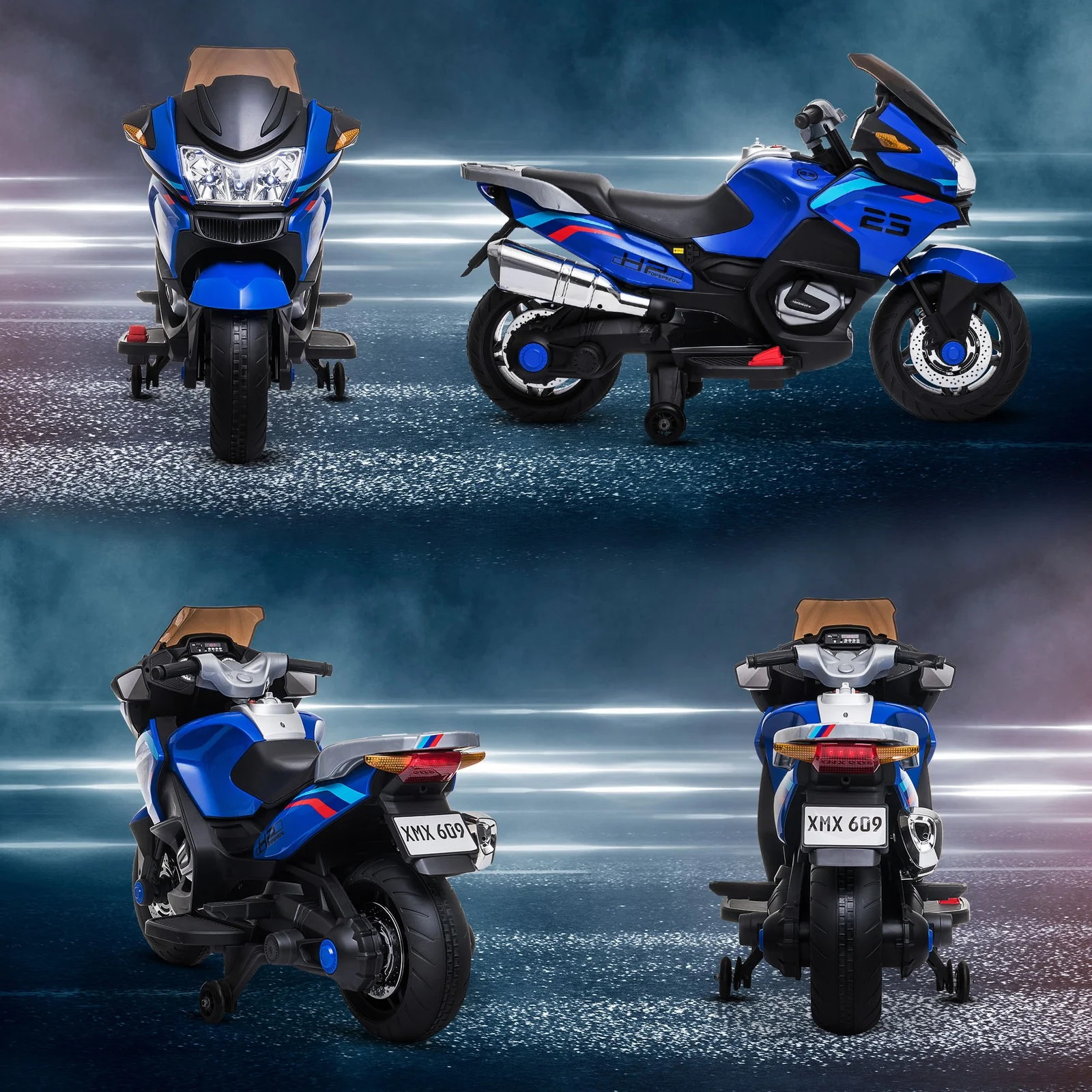 Battery-Operated Kids Ride-On Motorbike with Training Wheels Blue - Image 11