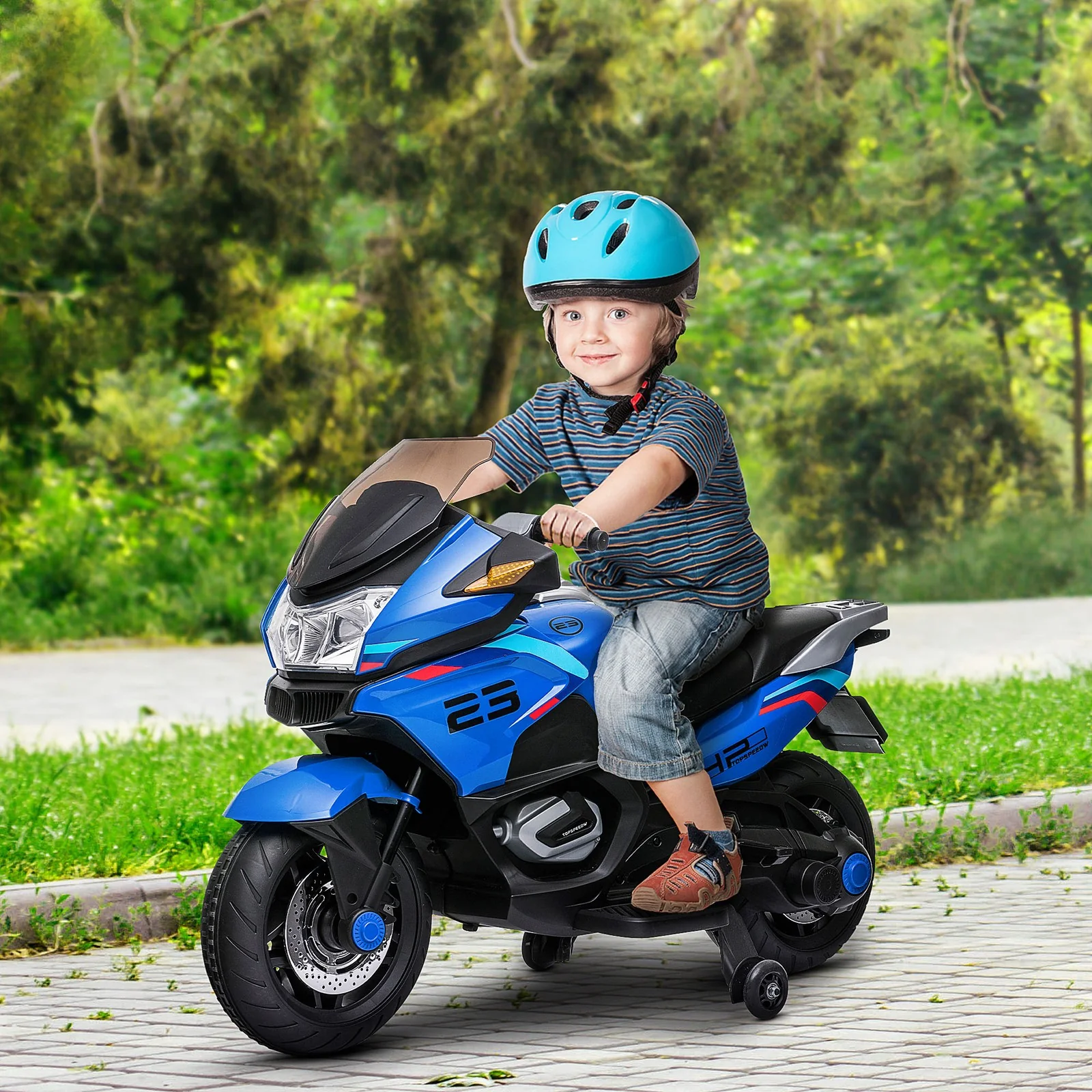 Battery-Operated Kids Ride-On Motorbike with Training Wheels Blue - Image 2