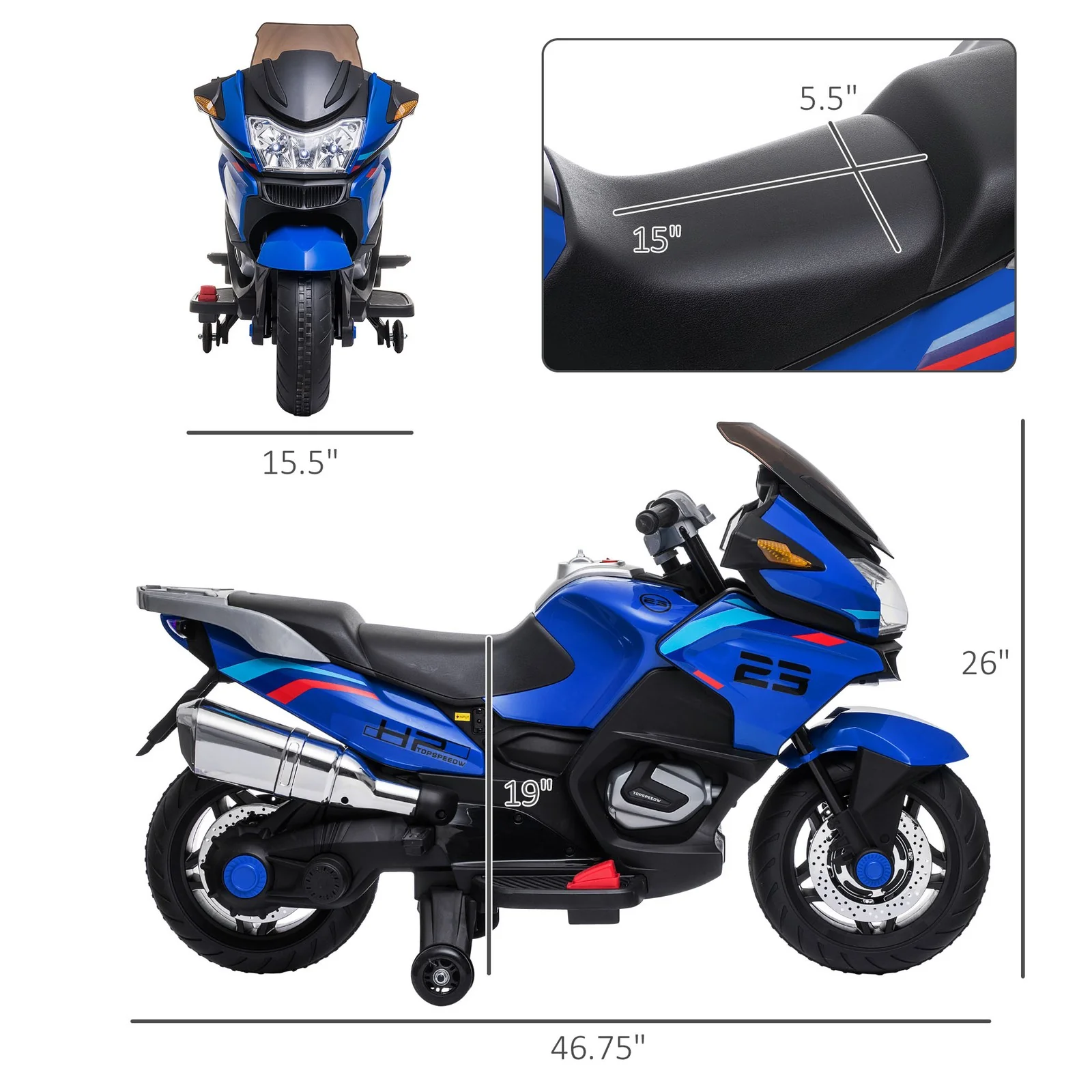 Battery-Operated Kids Ride-On Motorbike with Training Wheels Blue - Image 3