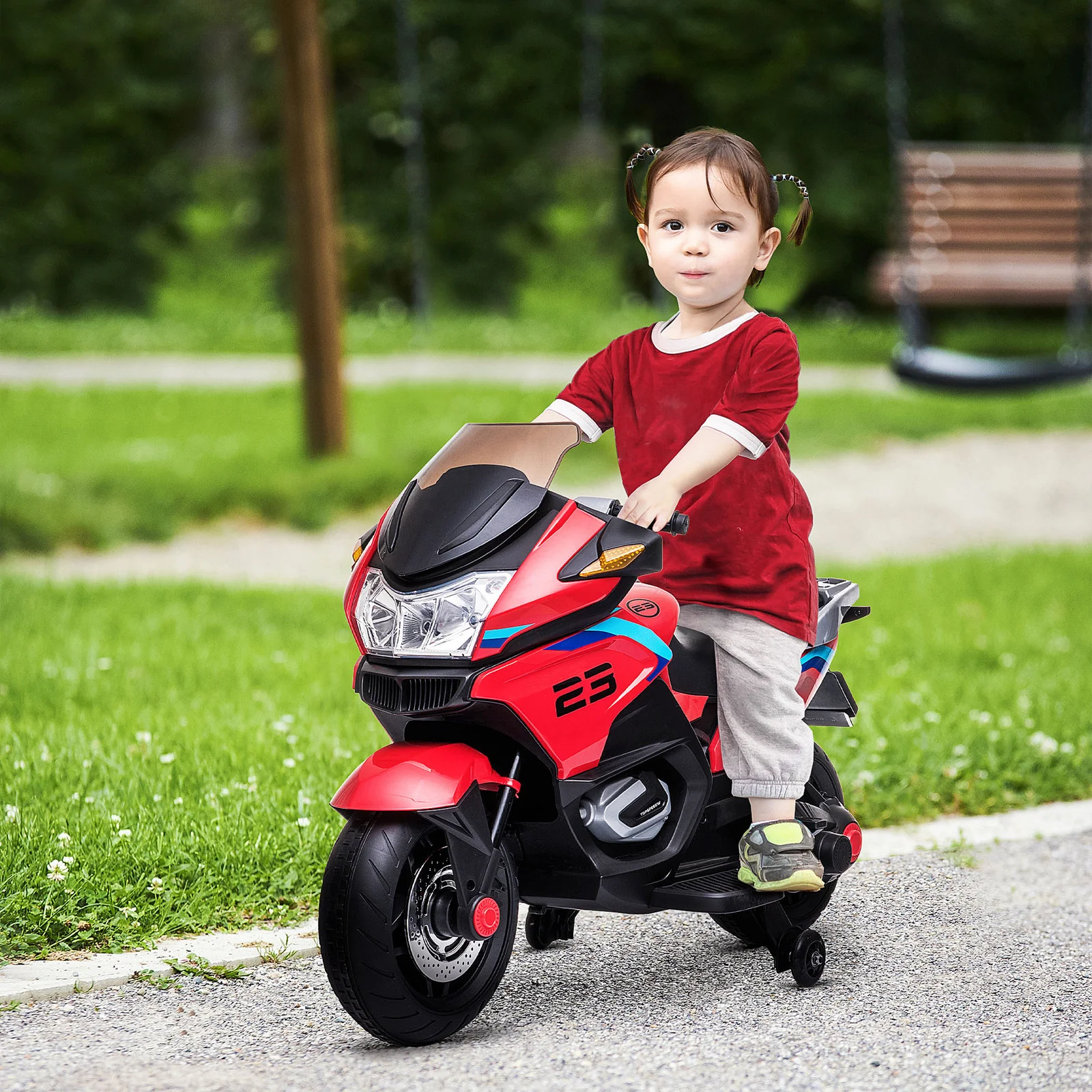 Battery-Operated Red Kids Ride-On Motorbike with Training Wheels - Image 9