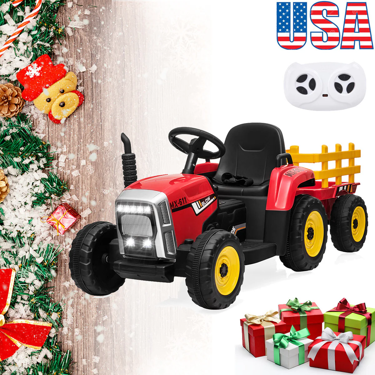 12V Battery-Powered Kids Electric Ride-On Tractor with Trailer and Remote Control