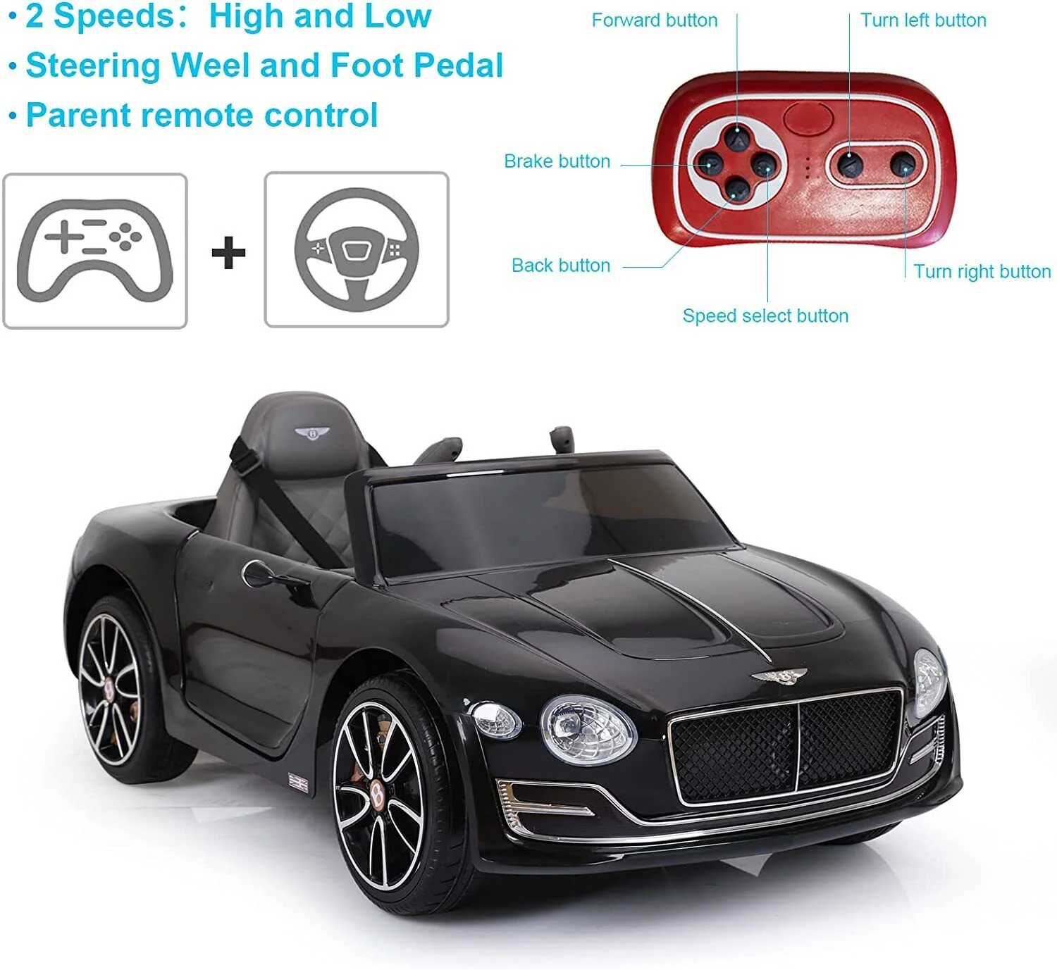 BENTLEY Style 12V Electric Kids Ride On Car Racer with Double Seats Control in Black - Image 13