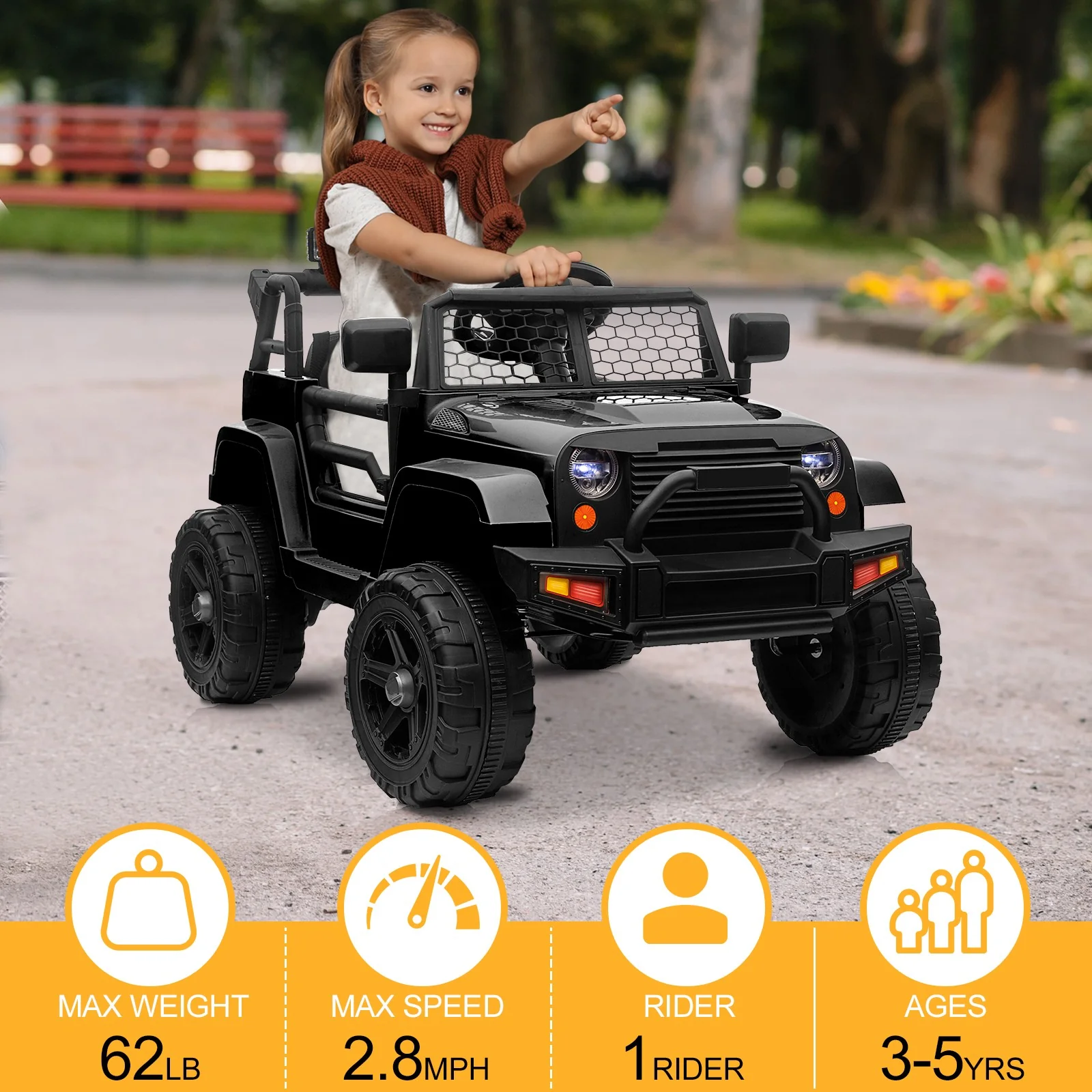 12V Black Kids Ride-On Truck with Remote Control, Power Wheels, and LED Lights - Image 14
