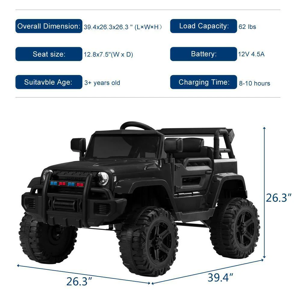 Black 12V Ride-On Truck for Kids with Parental Remote Control - Image 12