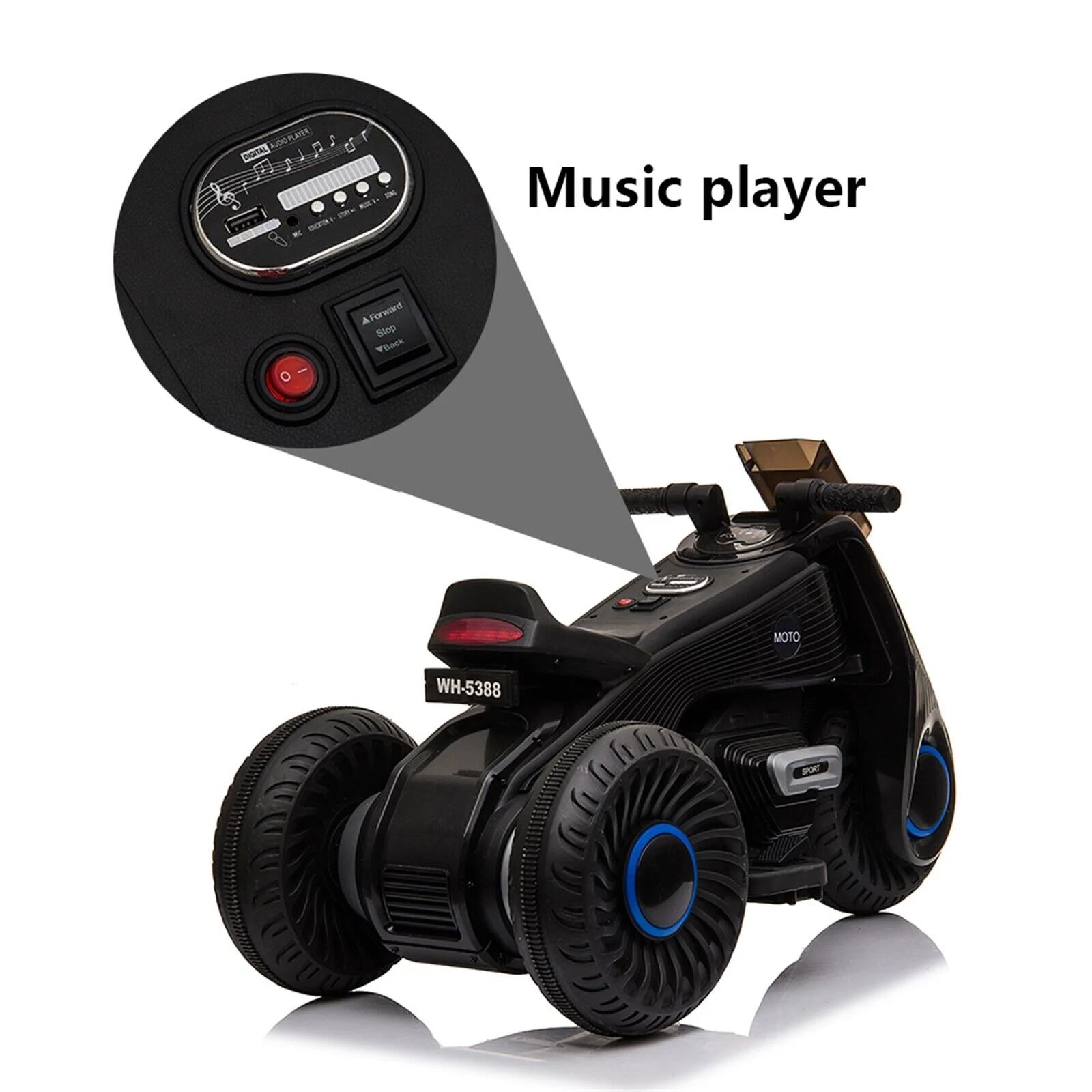 Black 3-Wheel Double Drive Electric Motorcycle for Kids - Image 10