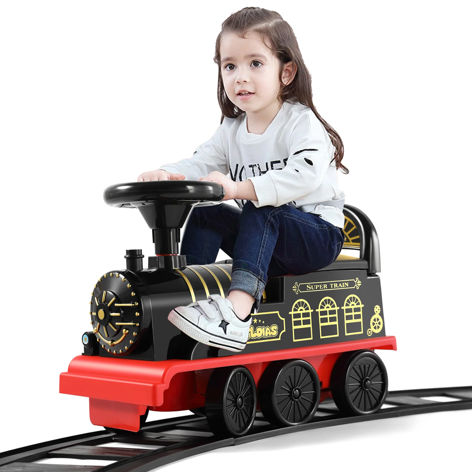 Electric 6V Kids Ride-On Train Car with Curved Tracks, Lights, and Music - Black/Blue