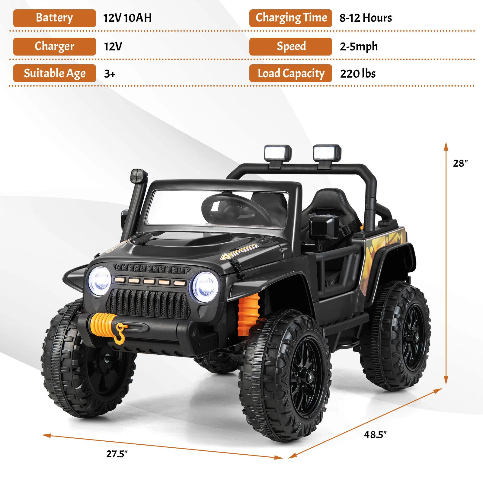 Black Parent-Child Ride On Truck Car with Remote Control, LED Lights, and Music - 12V 10AH - Image 2