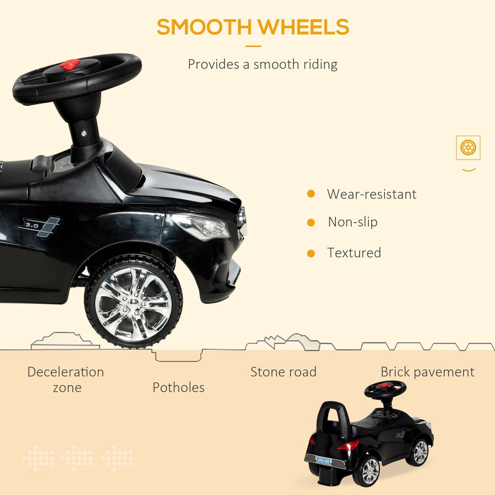 Black Push-Powered Ride-On Car for Kids with Horn, Music, and Headlights - Image 5