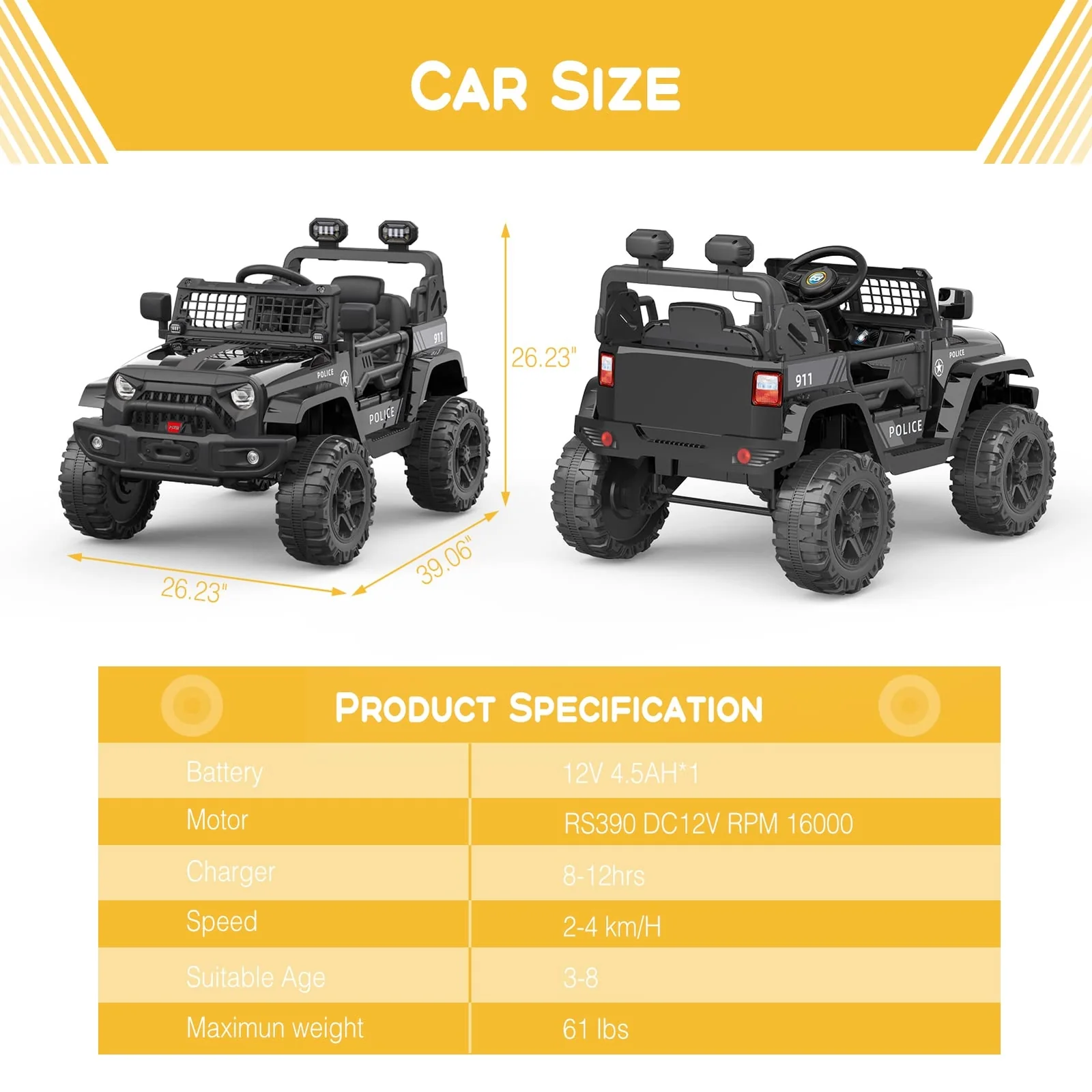 12V Black Ride-On Electric Truck Car for Kids with Remote Control and LED Lights - Image 6