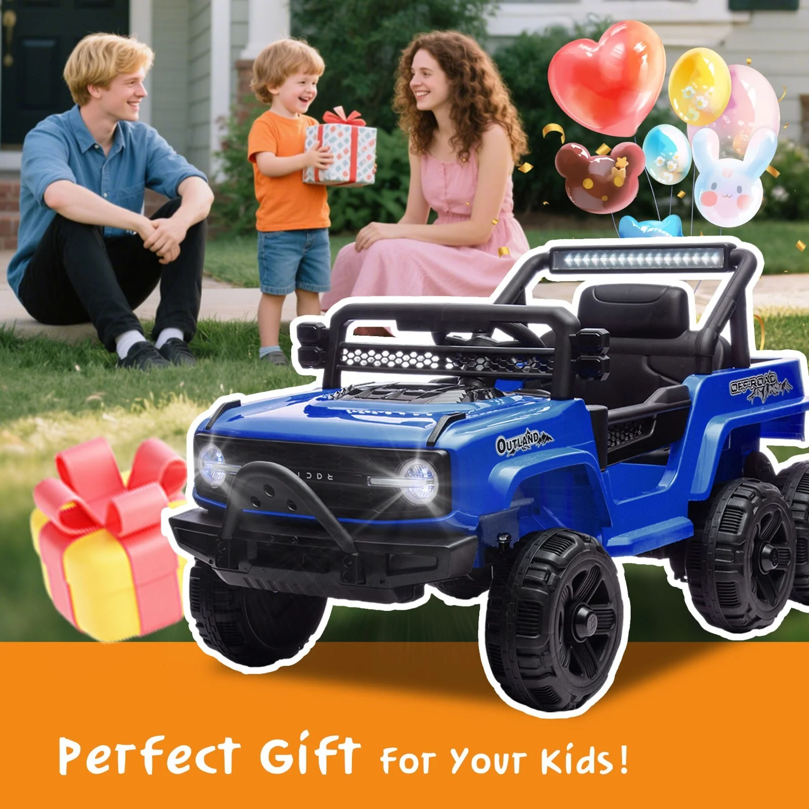 12V Blue Kids 6-Wheel Electric Ride-On Jeep Truck with Remote, LED Lights, and Bluetooth - Image 9