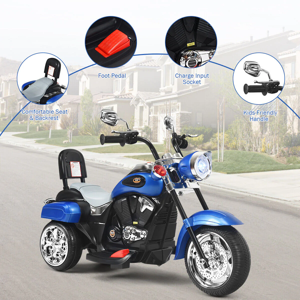 Blue 6V Kids Chopper Motorcycle Trike with Headlight and Horn - Image 7