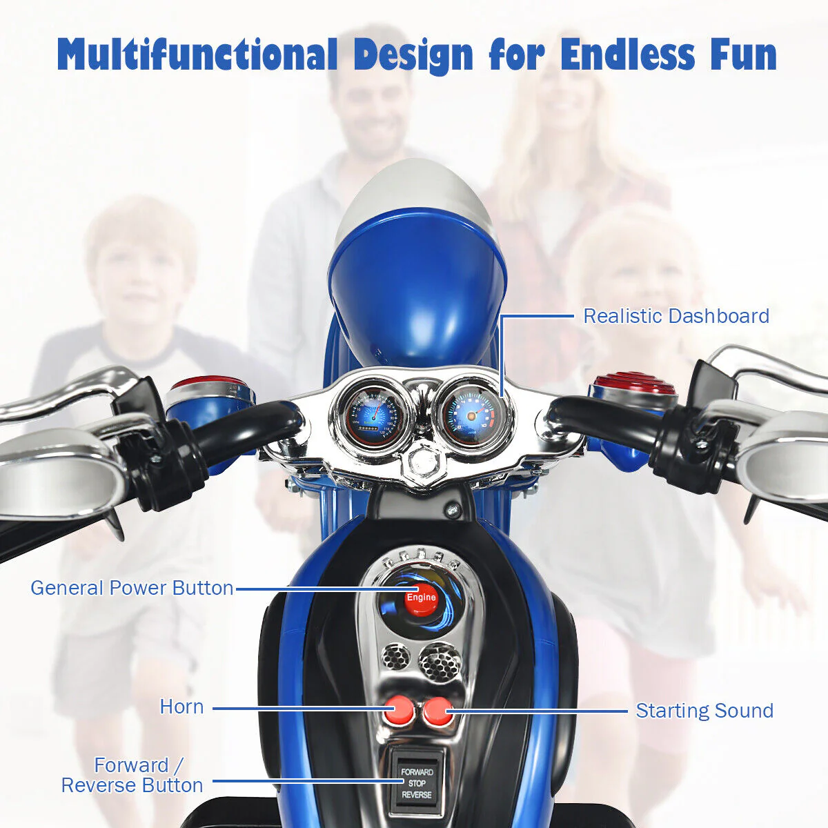 Blue 6V Kids Chopper Motorcycle Trike with Headlight and Horn - Image 9
