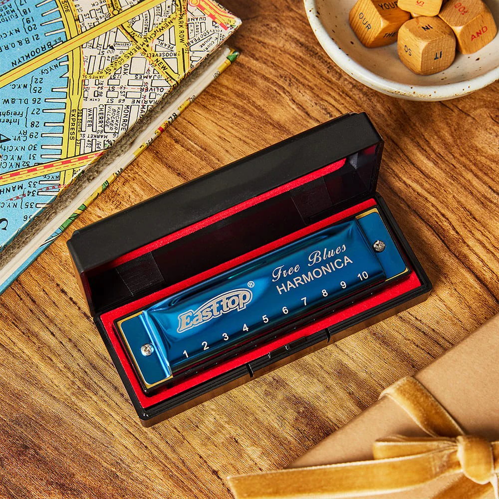 Blue 10-Hole Diatonic Pocket Harmonica with Brass Reeds and Storage Case - Image 2