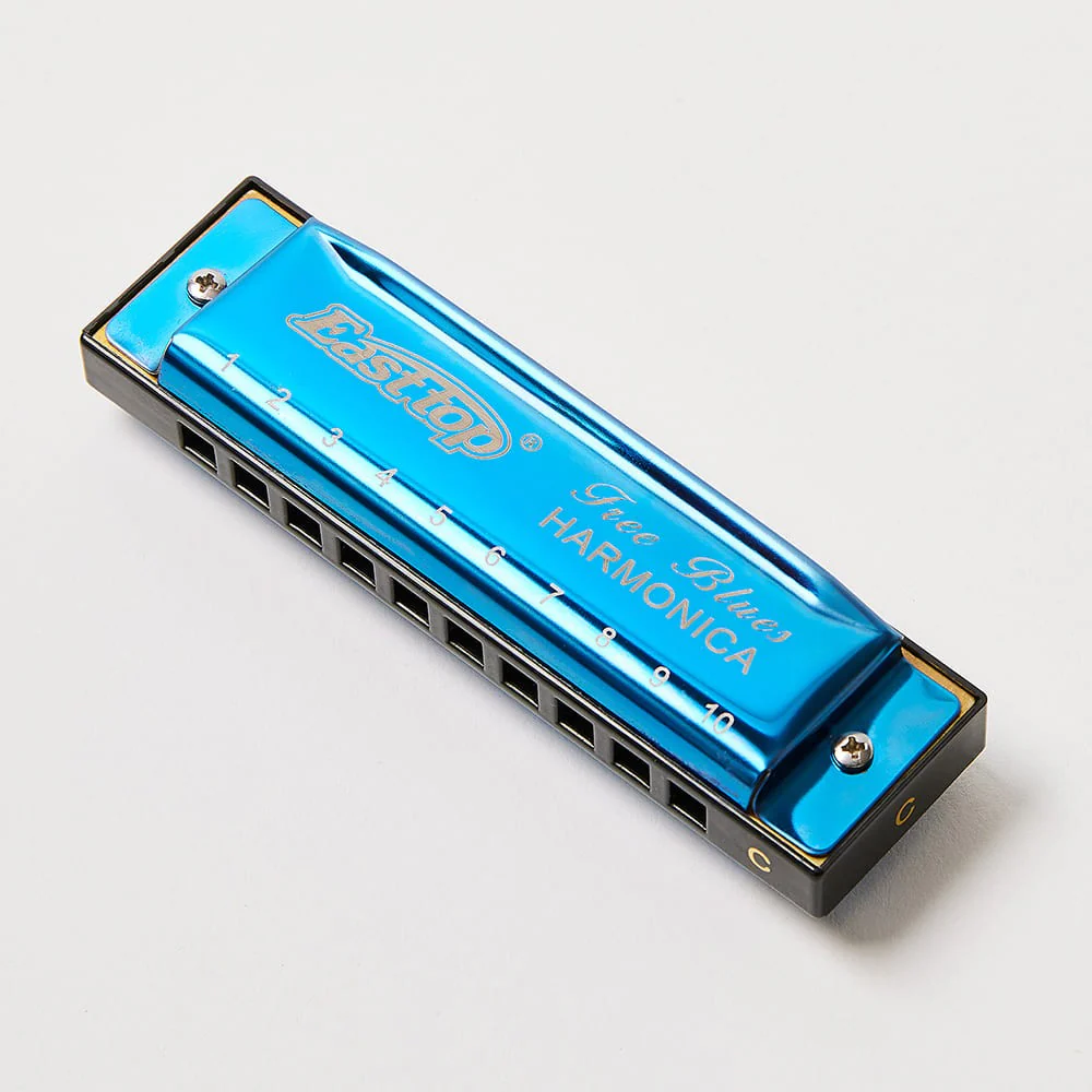 Blue 10-Hole Diatonic Pocket Harmonica with Brass Reeds and Storage Case - Image 3