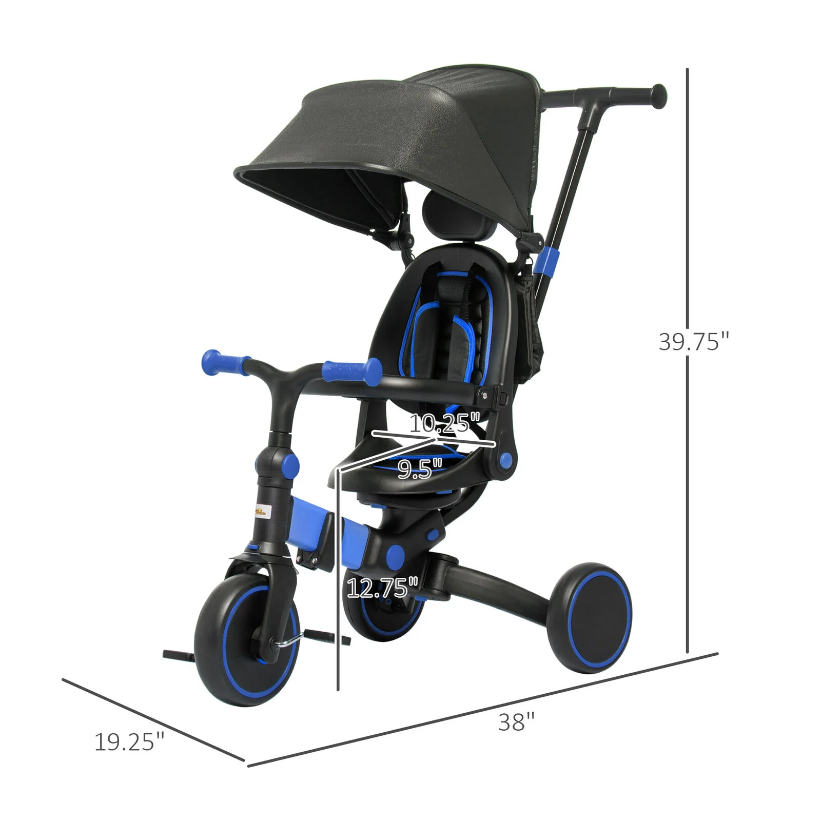 Blue Qaba Toddler Tricycle with Adjustable Push Handle and Durable Aluminum Frame - Image 2
