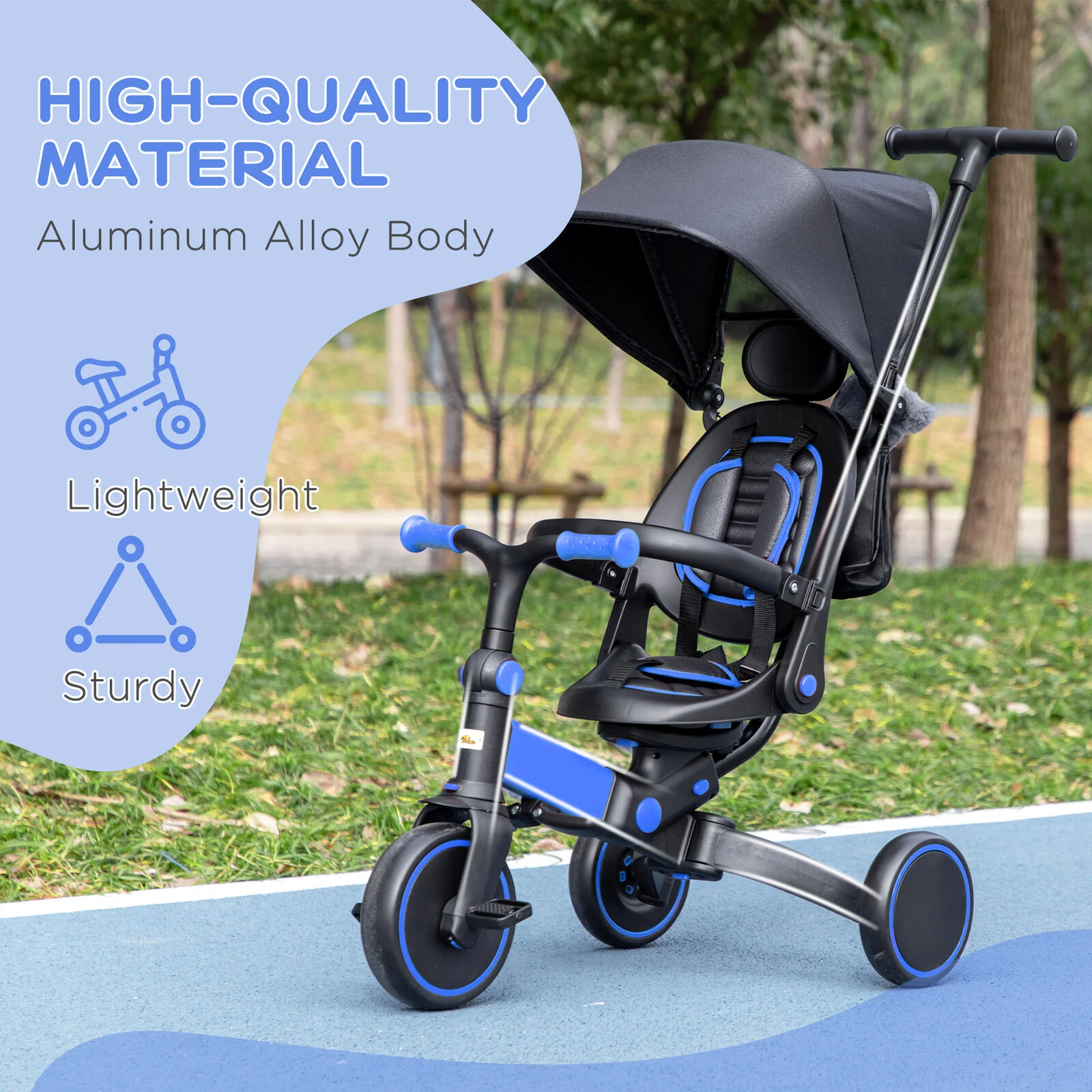 Blue Qaba Toddler Tricycle with Adjustable Push Handle and Durable Aluminum Frame - Image 8