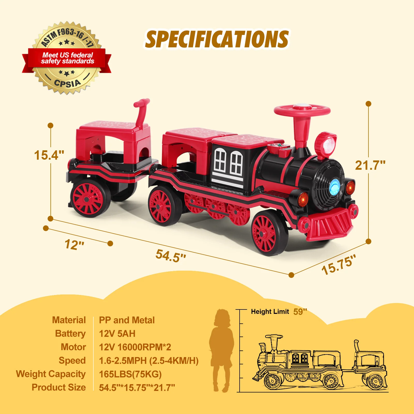 12V Large Blue and Red 2-Seater Electric Ride-On Train for Kids with Music, Lights, and Storage - Image 2