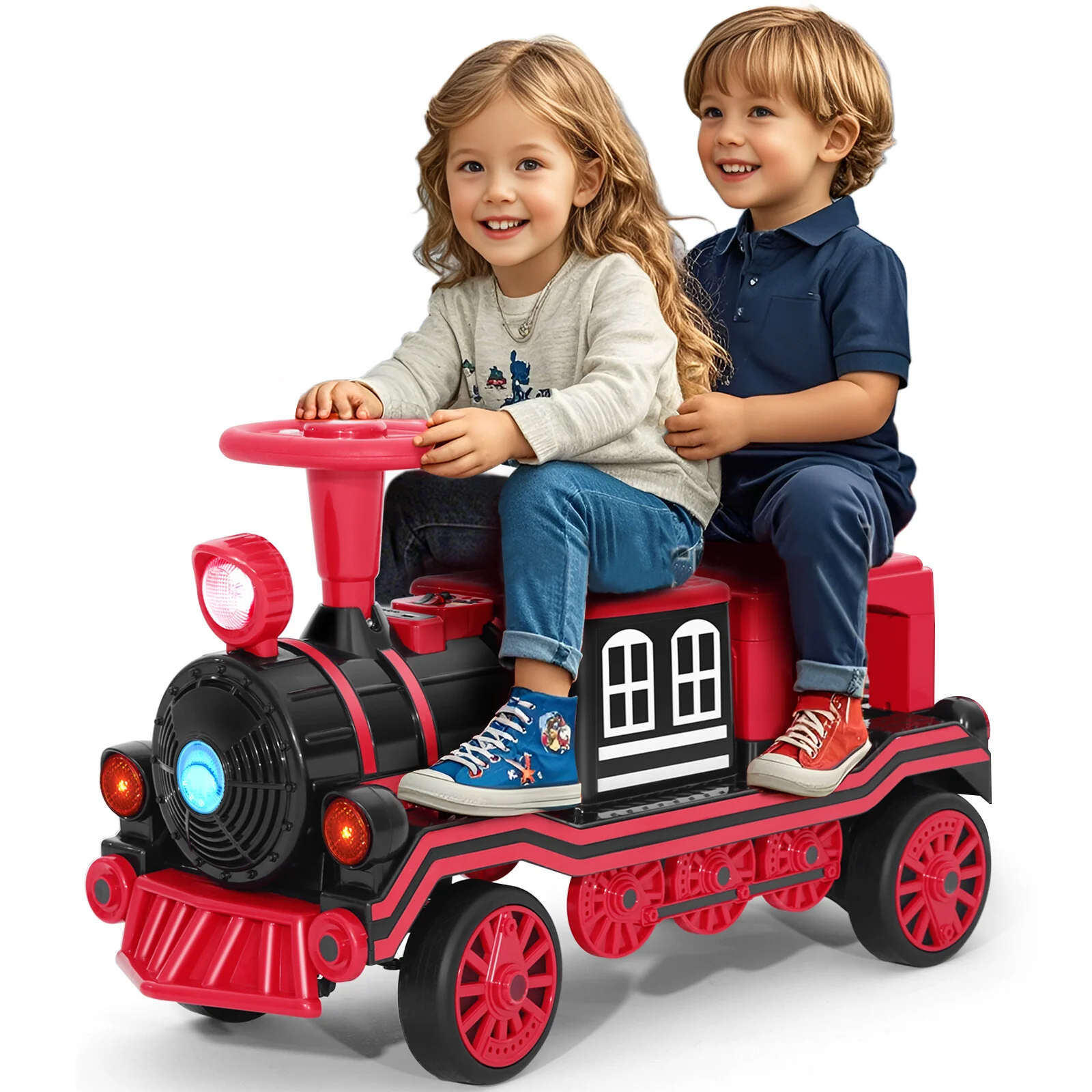12V Large Blue and Red 2-Seater Electric Ride-On Train for Kids with Music, Lights, and Storage - Image 25