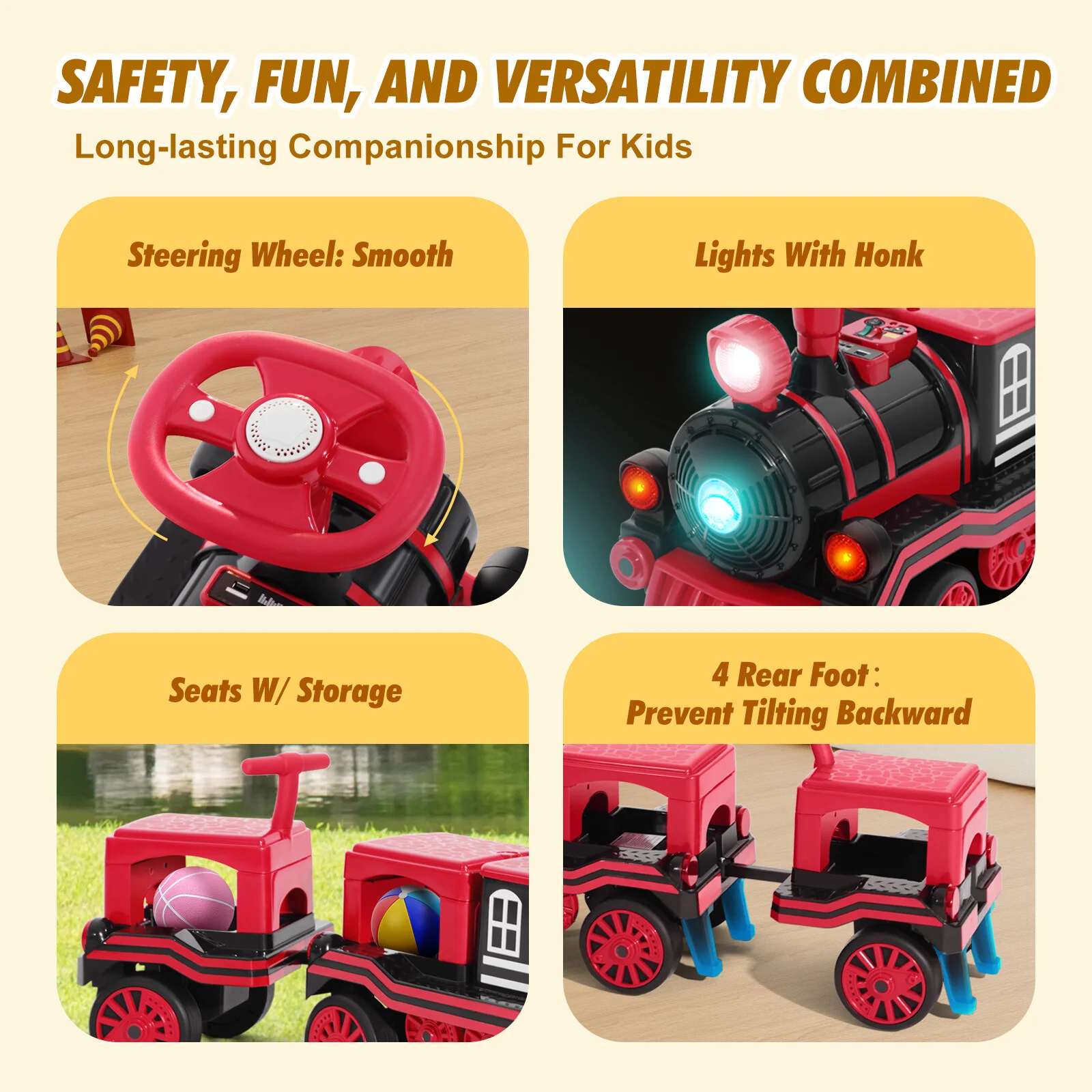 12V Large Blue and Red 2-Seater Electric Ride-On Train for Kids with Music, Lights, and Storage - Image 6