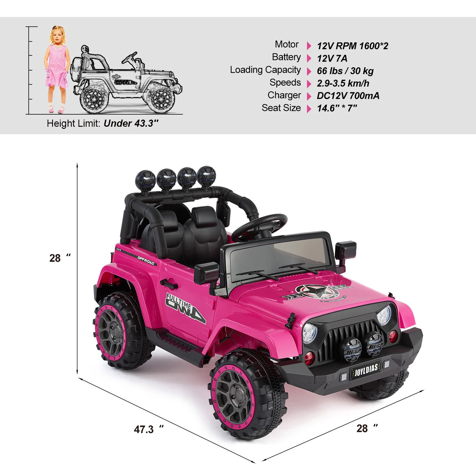 Bluetooth Remote Control Pink Jeep Ride On Car for Kids with USB and 12V Battery - Image 3