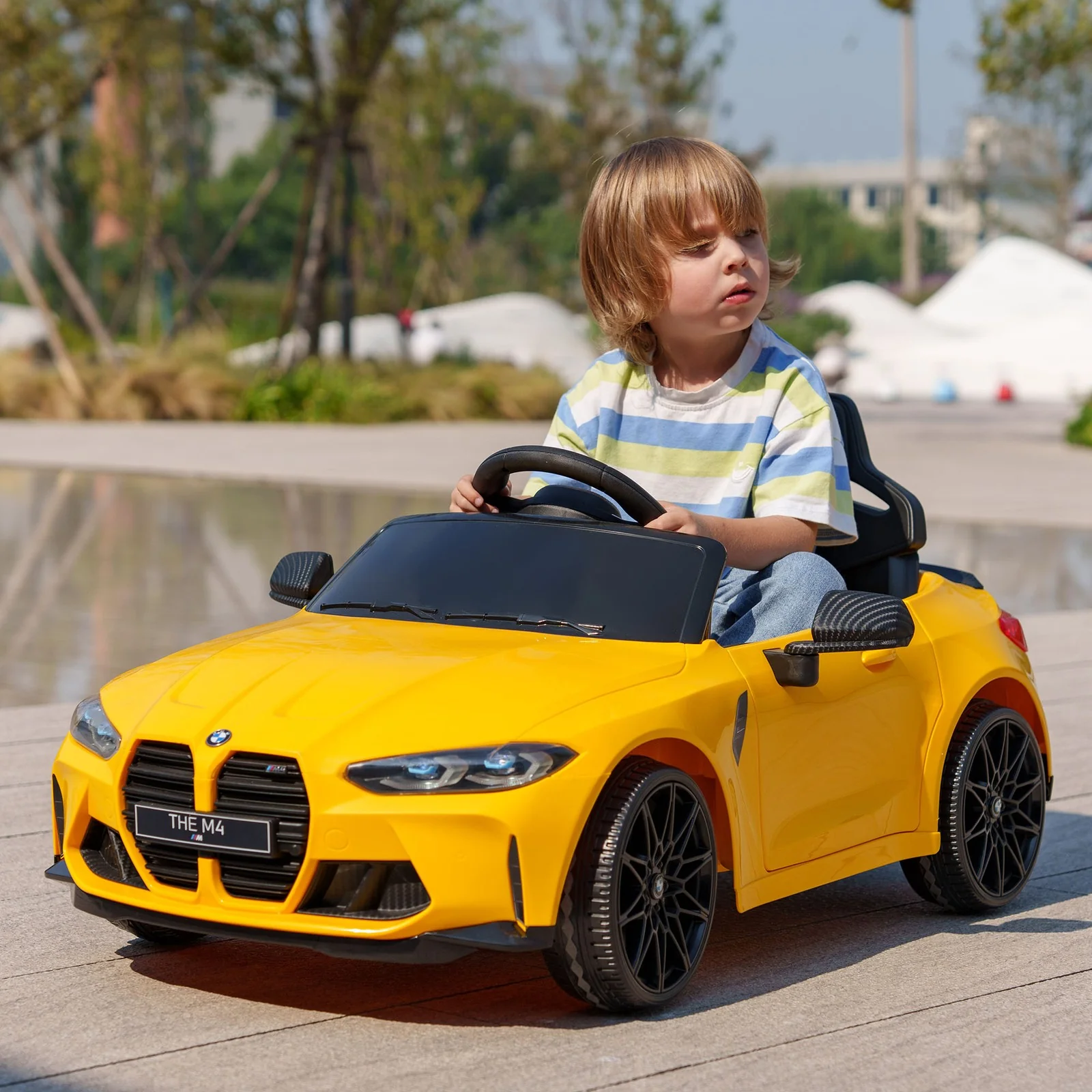 Licensed BMW M4 12V Ride-On Car with Handle Attachment in Yellow - Image 12