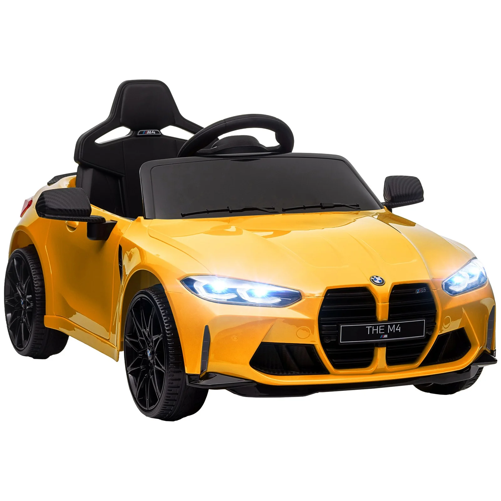 Licensed BMW M4 12V Ride-On Car with Handle Attachment in Yellow - Image 3