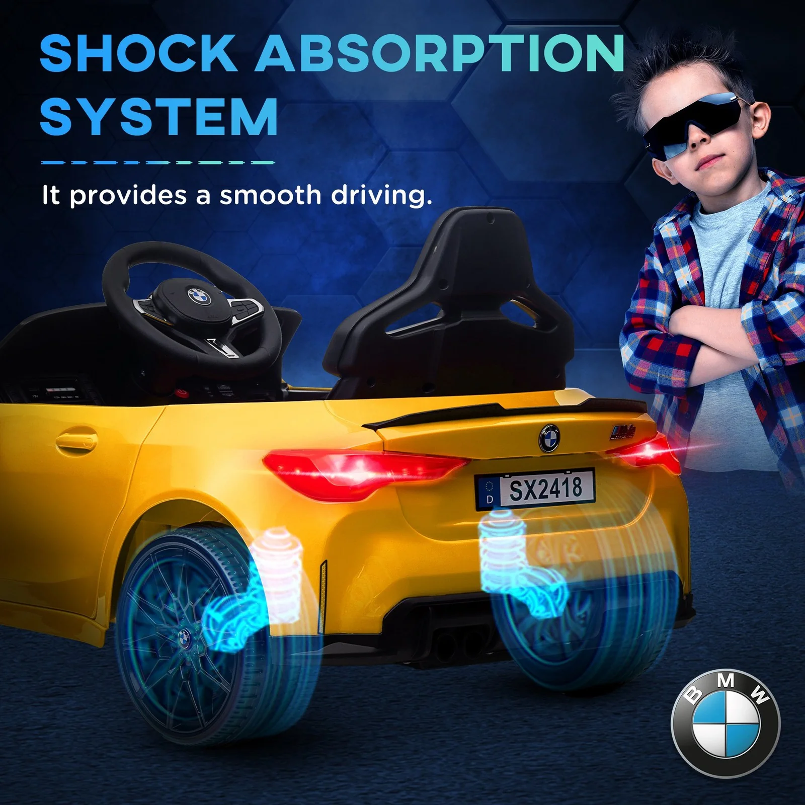 Licensed BMW M4 12V Ride-On Car with Handle Attachment in Yellow - Image 7