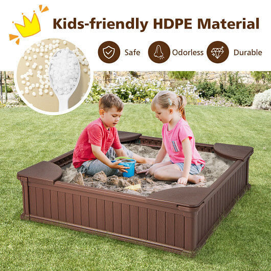 Brown Outdoor Sandbox with Oxford Cover and 4 Corner Seats for Kids - Image 3