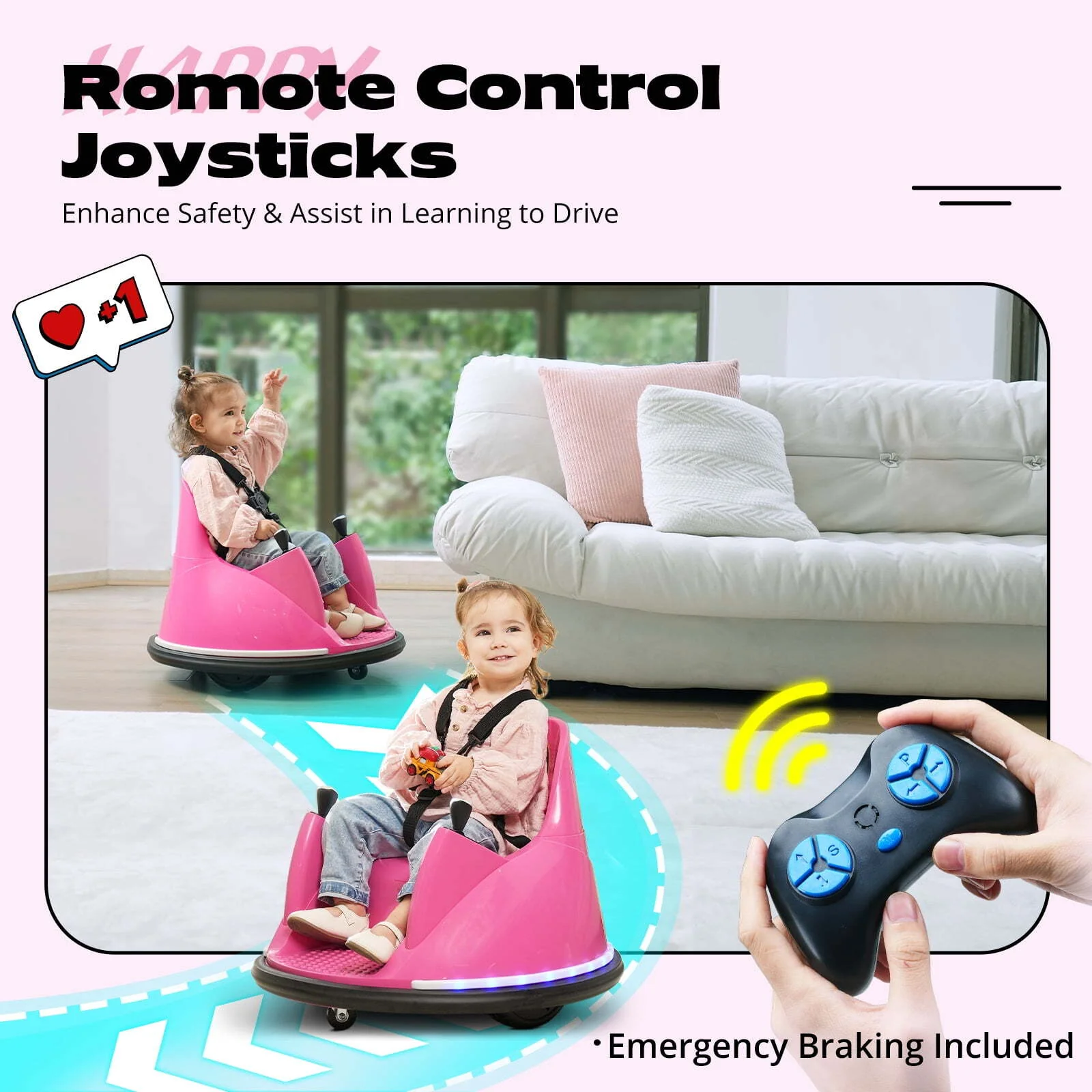 12V Kids Bumper Car with Remote Control, Flashing Lights, 66 lbs Capacity - Image 2